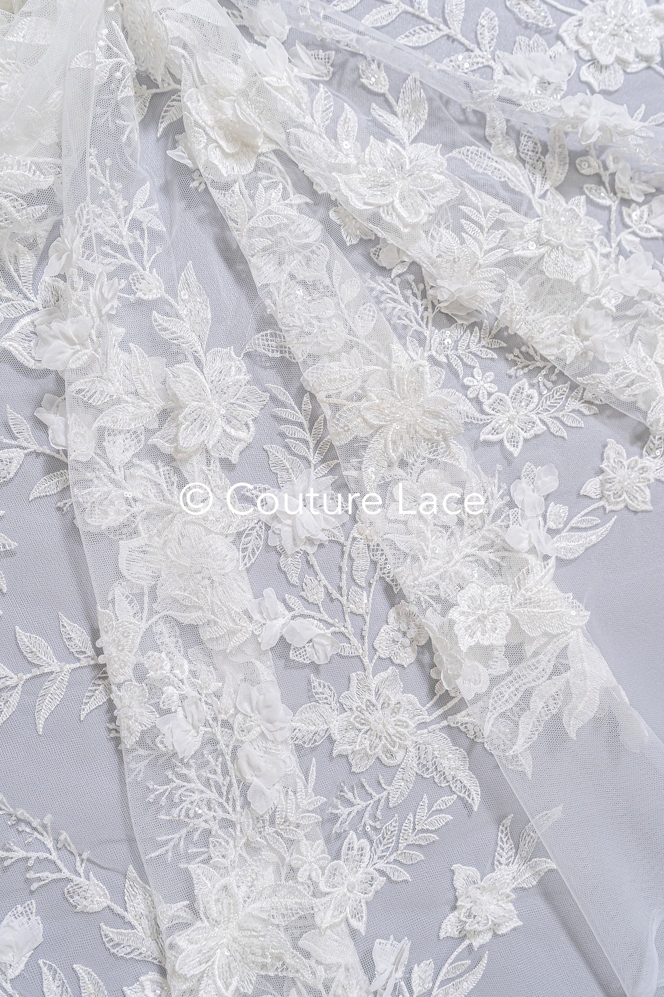 3D flower lace fabric/ bridal lace fabric/ romantic lace fabric with 3D flowers & pearls// L24-706