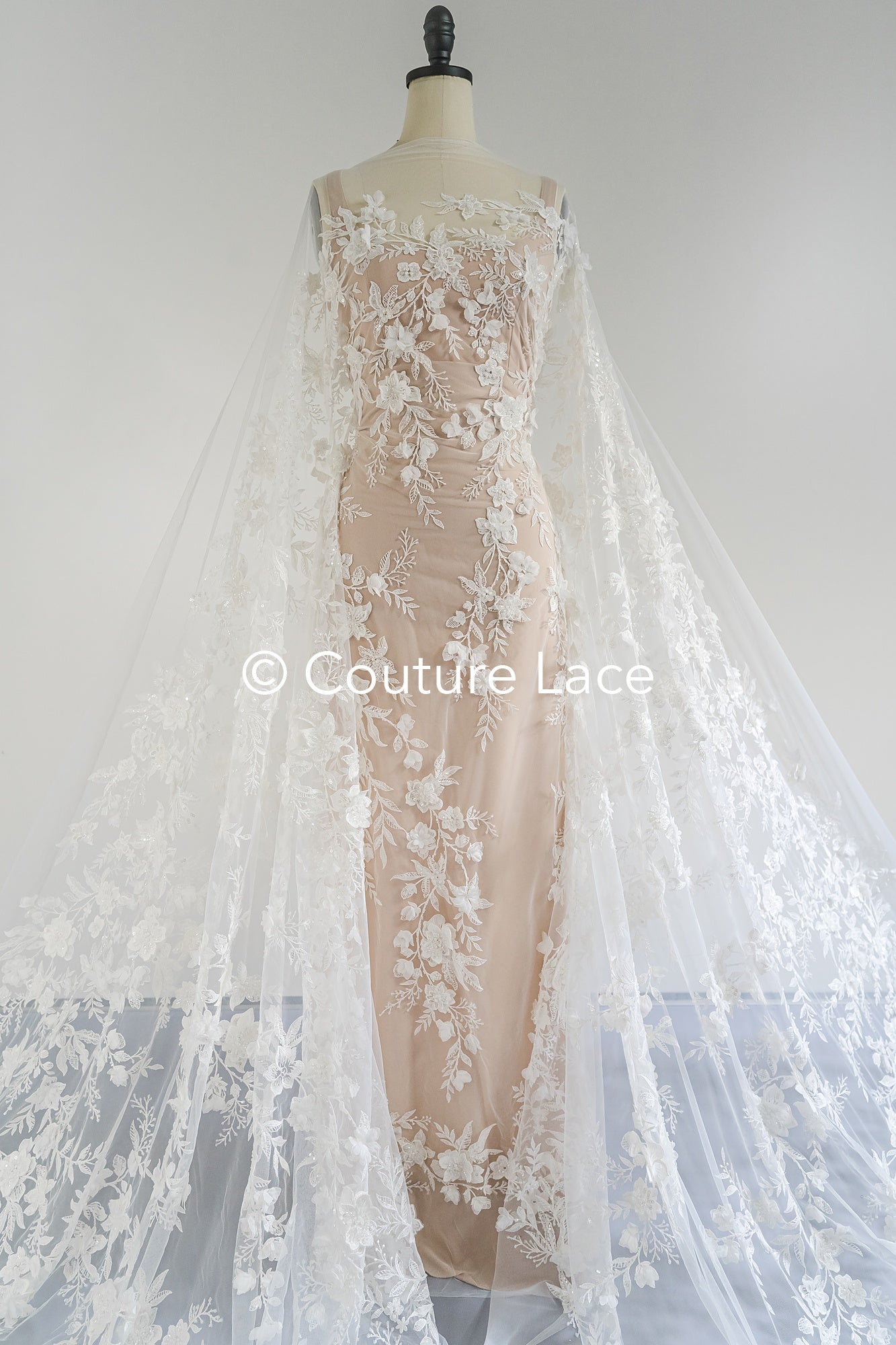 3D flower lace fabric/ bridal lace fabric/ romantic lace fabric with 3D flowers & pearls// L24-706