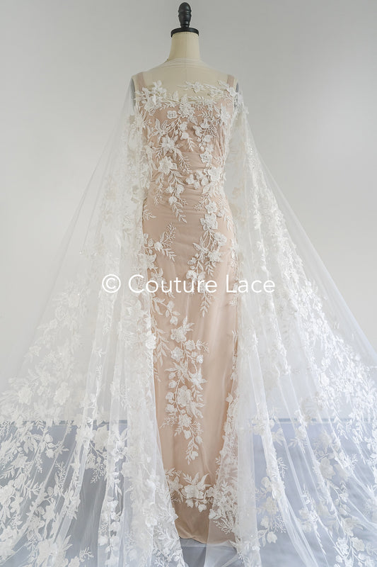 3D Blumen-Spitzenstoff/ Braut-Spitzenstoff/ Romantischer Spitzenstoff mit 3D Blumen & Perlen// L24-706