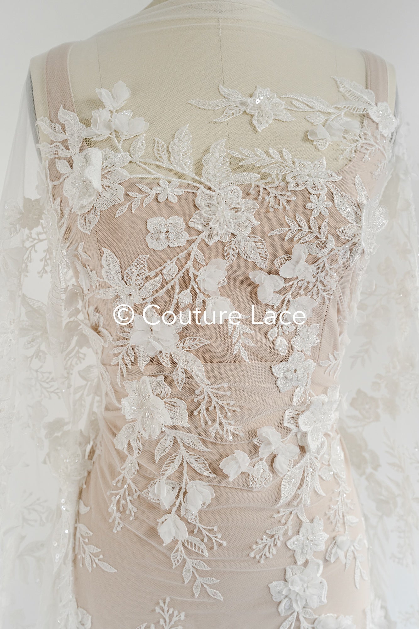 3D flower lace fabric/ bridal lace fabric/ romantic lace fabric with 3D flowers & pearls// L24-706
