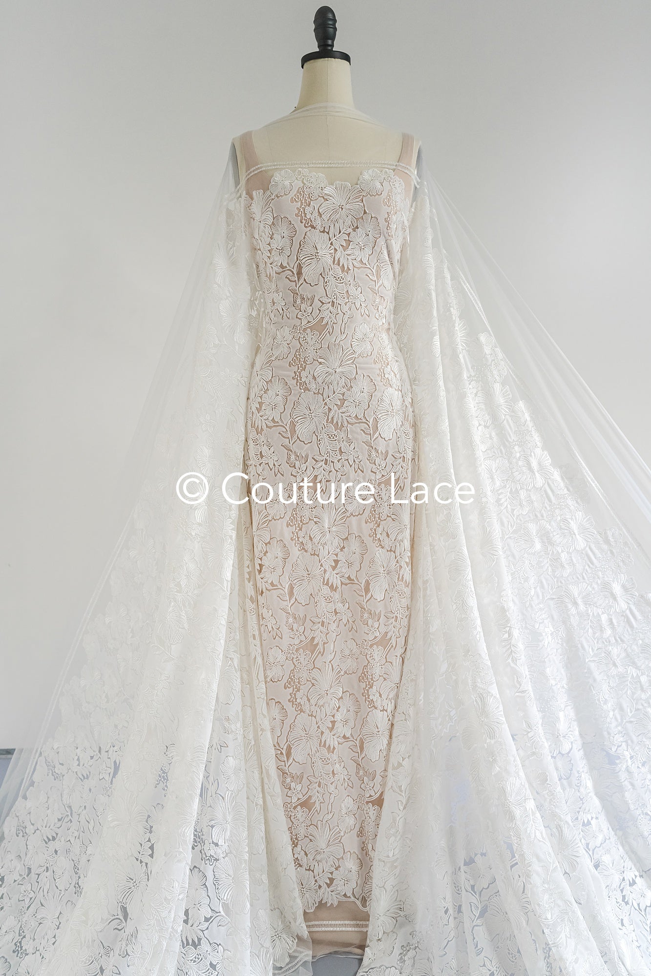 Floral Bridal Lace/ Bridal Lace Fabric/ Off-White Bridal Lace/ Embroidered Wedding Lace/ Couture Lace/ L24-709