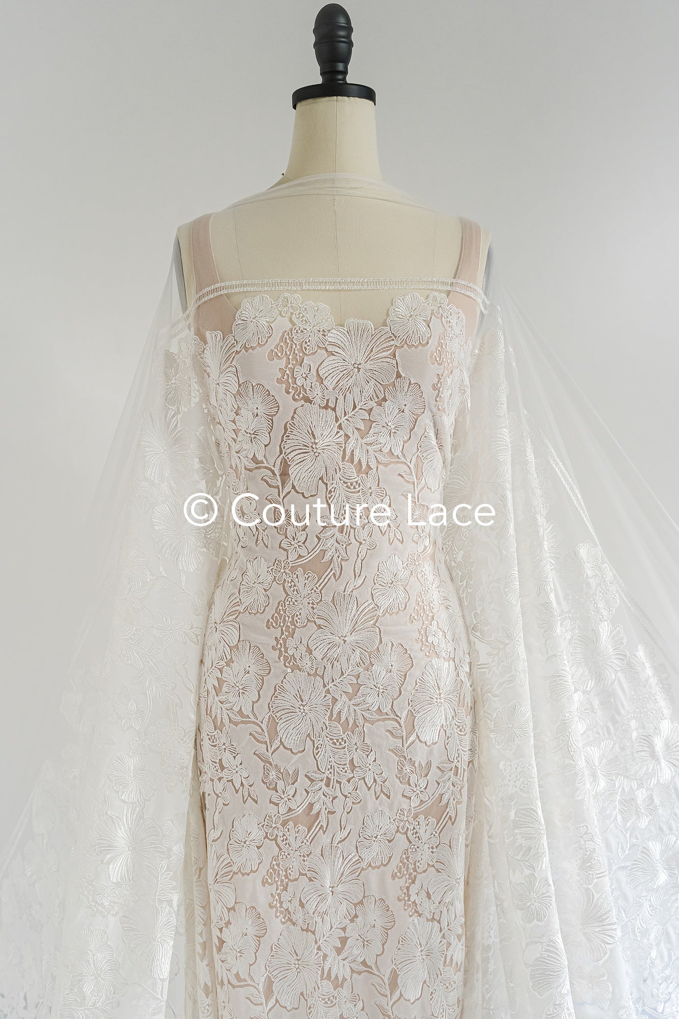 Floral Bridal Lace/ Bridal Lace Fabric/ Off-White Bridal Lace/ Embroidered Wedding Lace/ Couture Lace/ L24-709