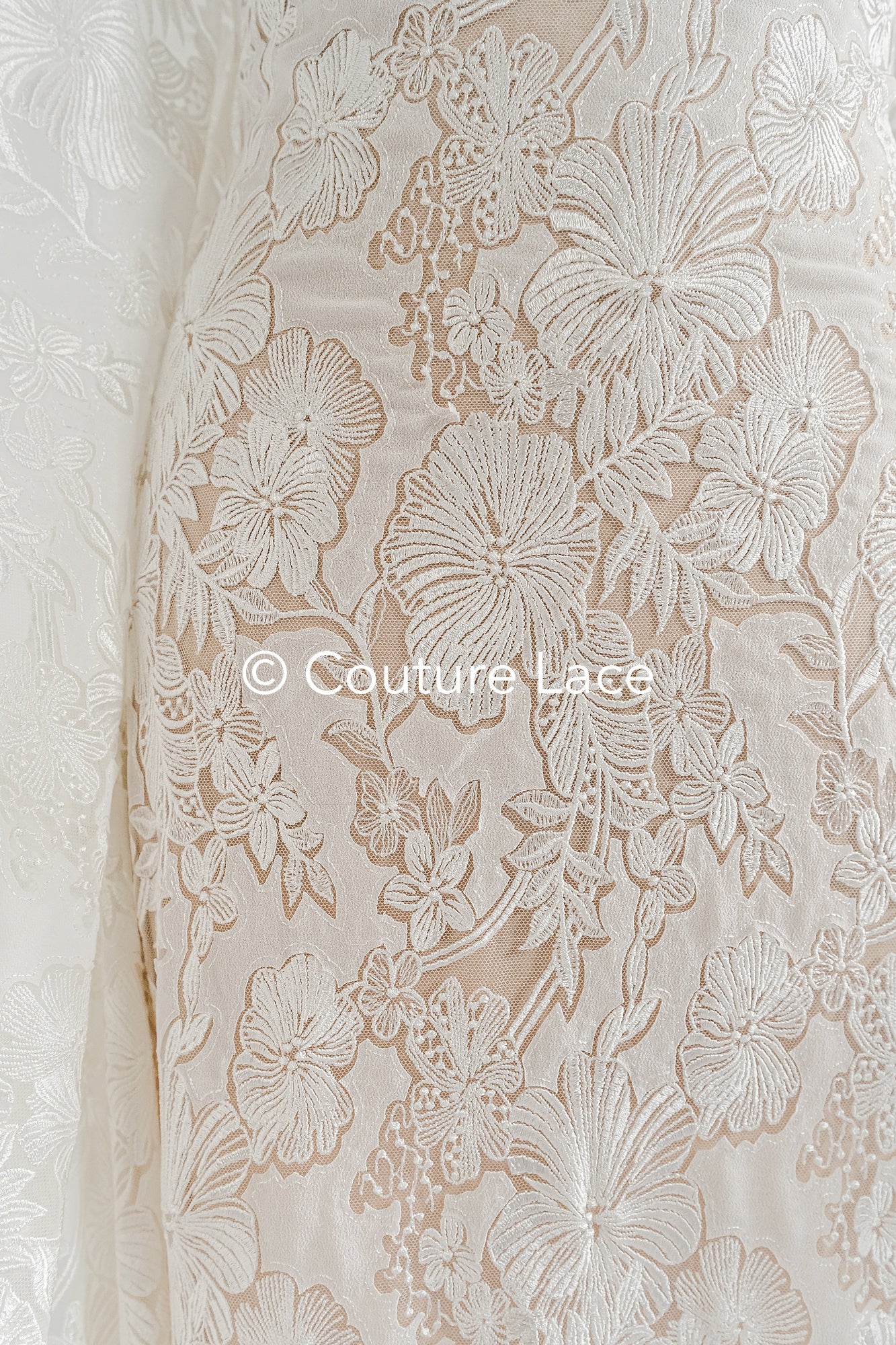 Floral Bridal Lace/ Bridal Lace Fabric/ Off-White Bridal Lace/ Embroidered Wedding Lace/ Couture Lace/ L24-709