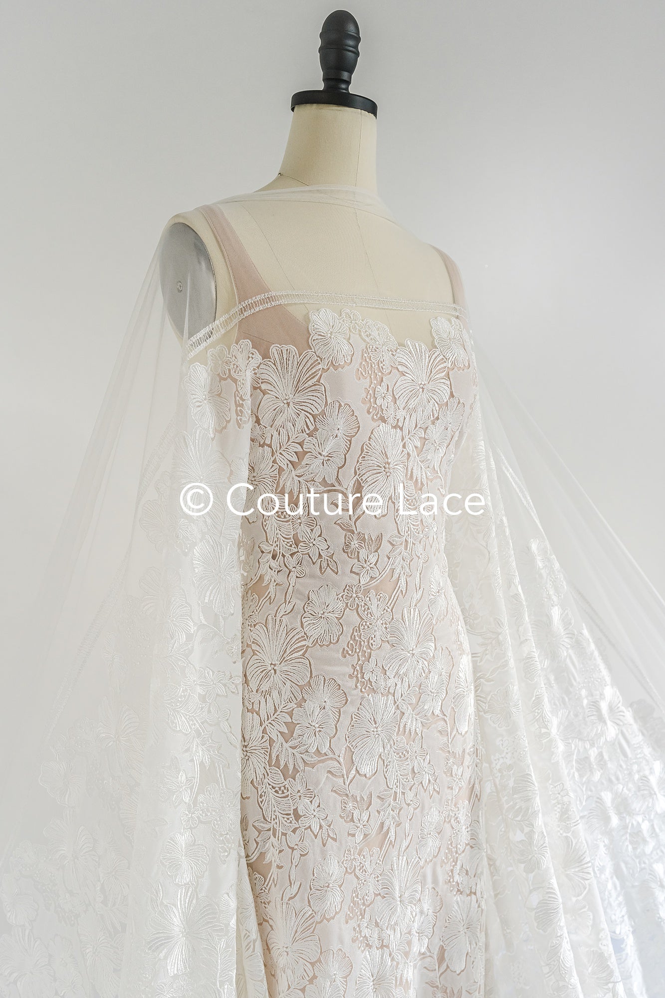 Floral Bridal Lace/ Bridal Lace Fabric/ Off-White Bridal Lace/ Embroidered Wedding Lace/ Couture Lace/ L24-709
