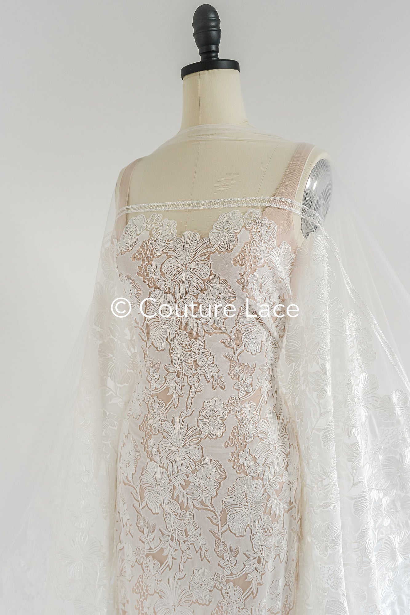 Floral Bridal Lace/ Bridal Lace Fabric/ Off-White Bridal Lace/ Embroidered Wedding Lace/ Couture Lace/ L24-709