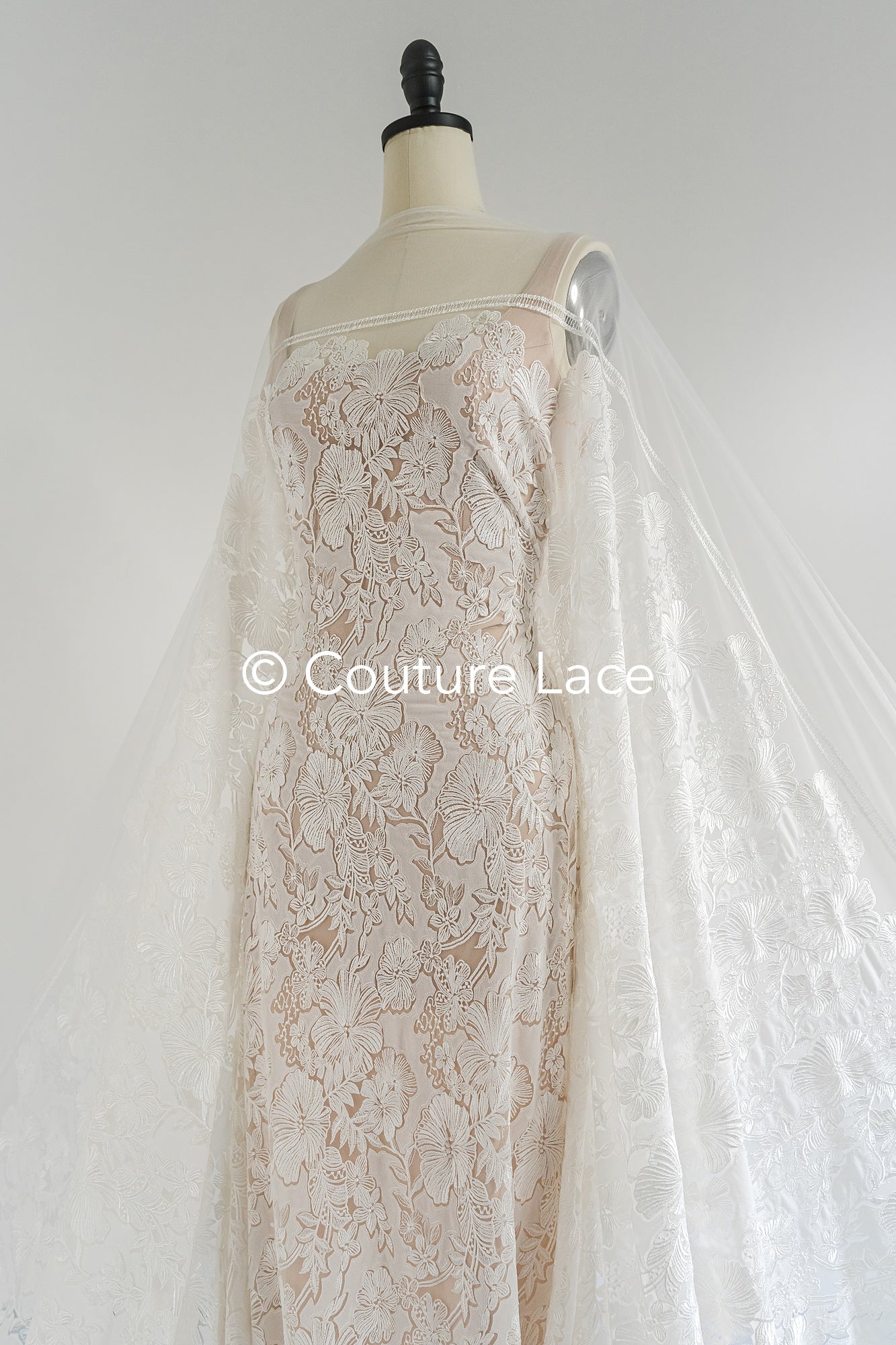 Floral Bridal Lace/ Bridal Lace Fabric/ Off-White Bridal Lace/ Embroidered Wedding Lace/ Couture Lace/ L24-709