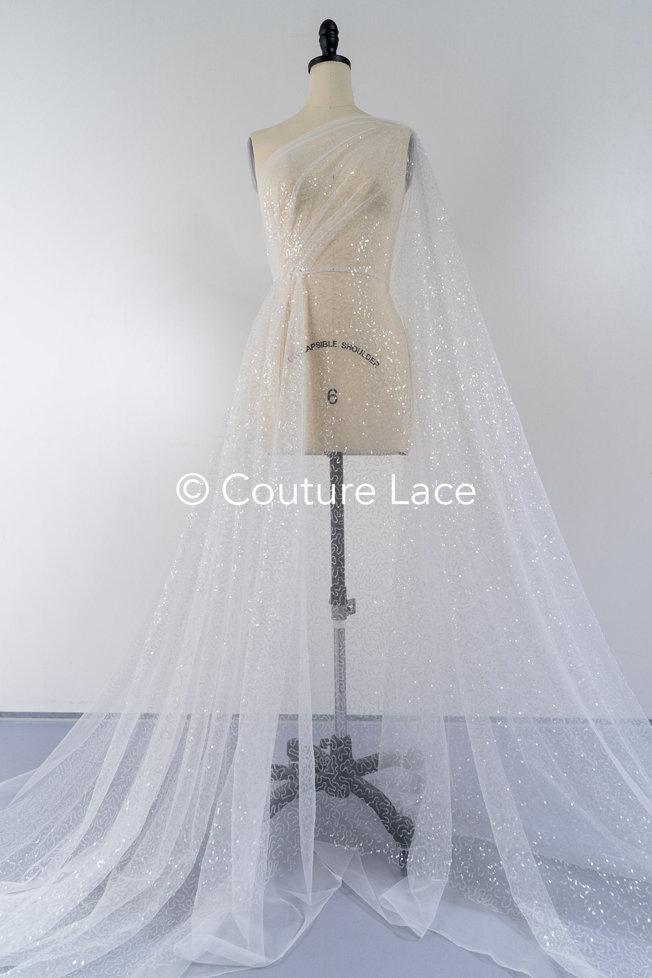 Fine sequin embroidered tulle fabric for glittering wedding dresses, sequin tulle for bridal wear // L25-076N