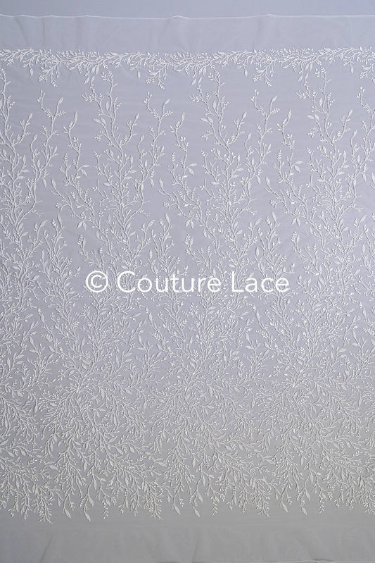 Stickereispitzenstoff mit kleinen Zweigen, Perlen und Pailletten – Elegantes Material für Hochzeitskleider // L24-712