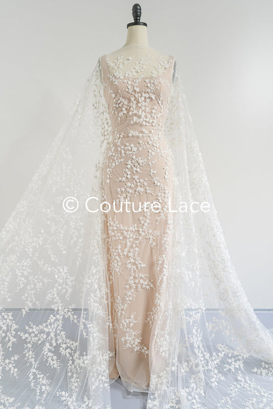 Stickereispitzenstoff mit kleinen Zweigen, Perlen und Pailletten – Elegantes Material für Hochzeitskleider // L25-719