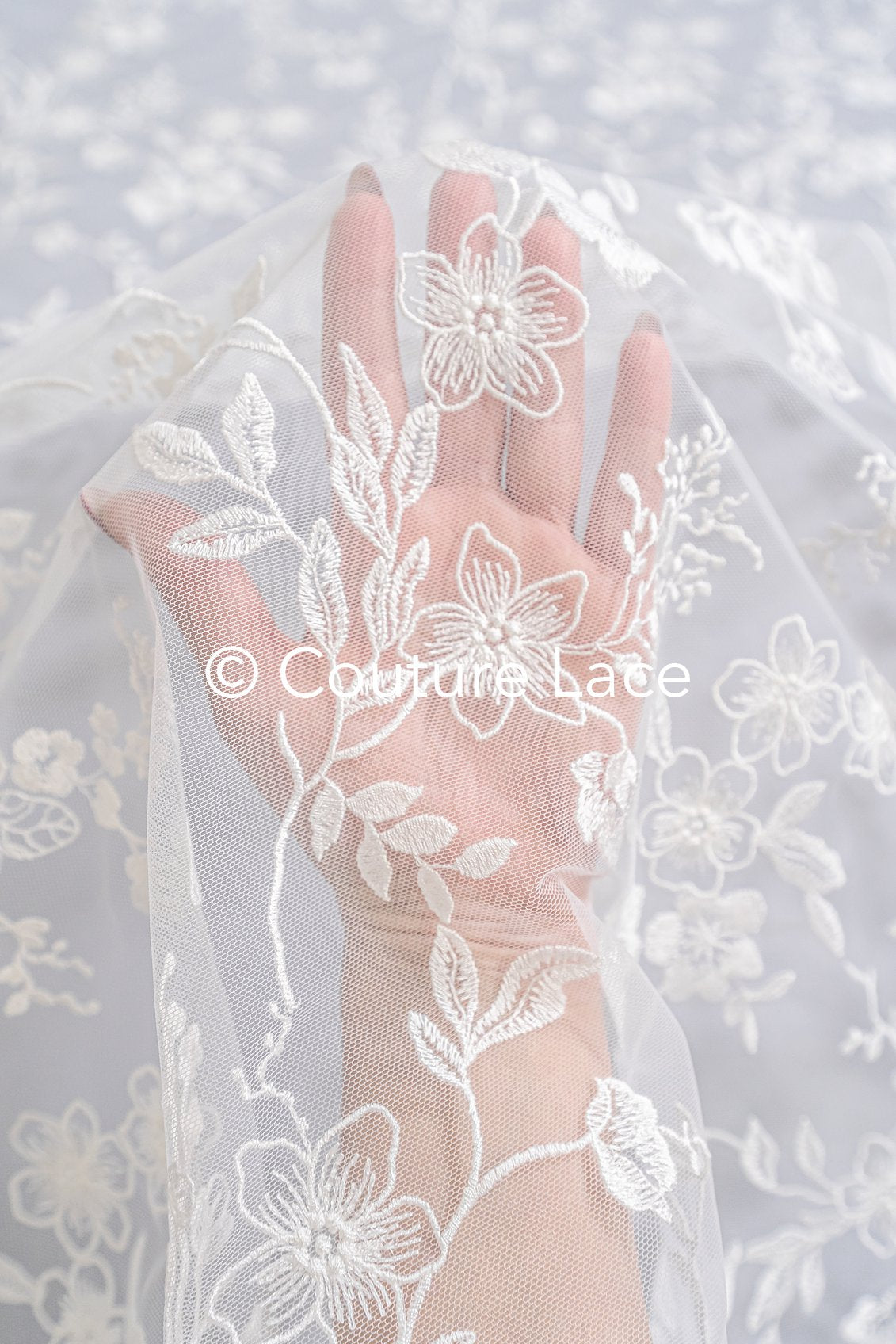 Floral embroidered bridal lace fabric, high-quality lace fabric for wedding dresses // L25-721