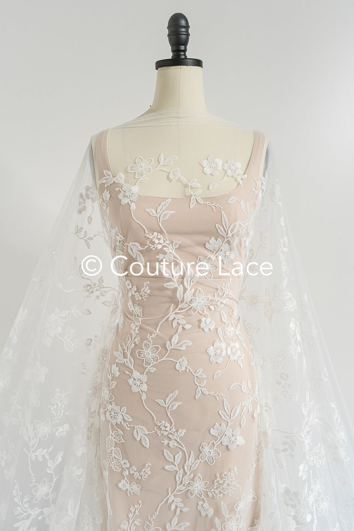 Floral embroidered bridal lace fabric, high-quality lace fabric for wedding dresses // L25-721