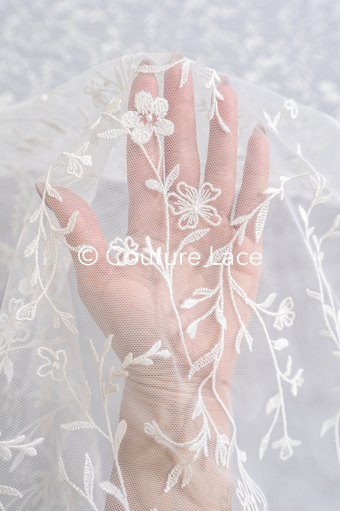 High-quality lace fabric for wedding dresses, floral embroidered bridal lace fabric // L25-723