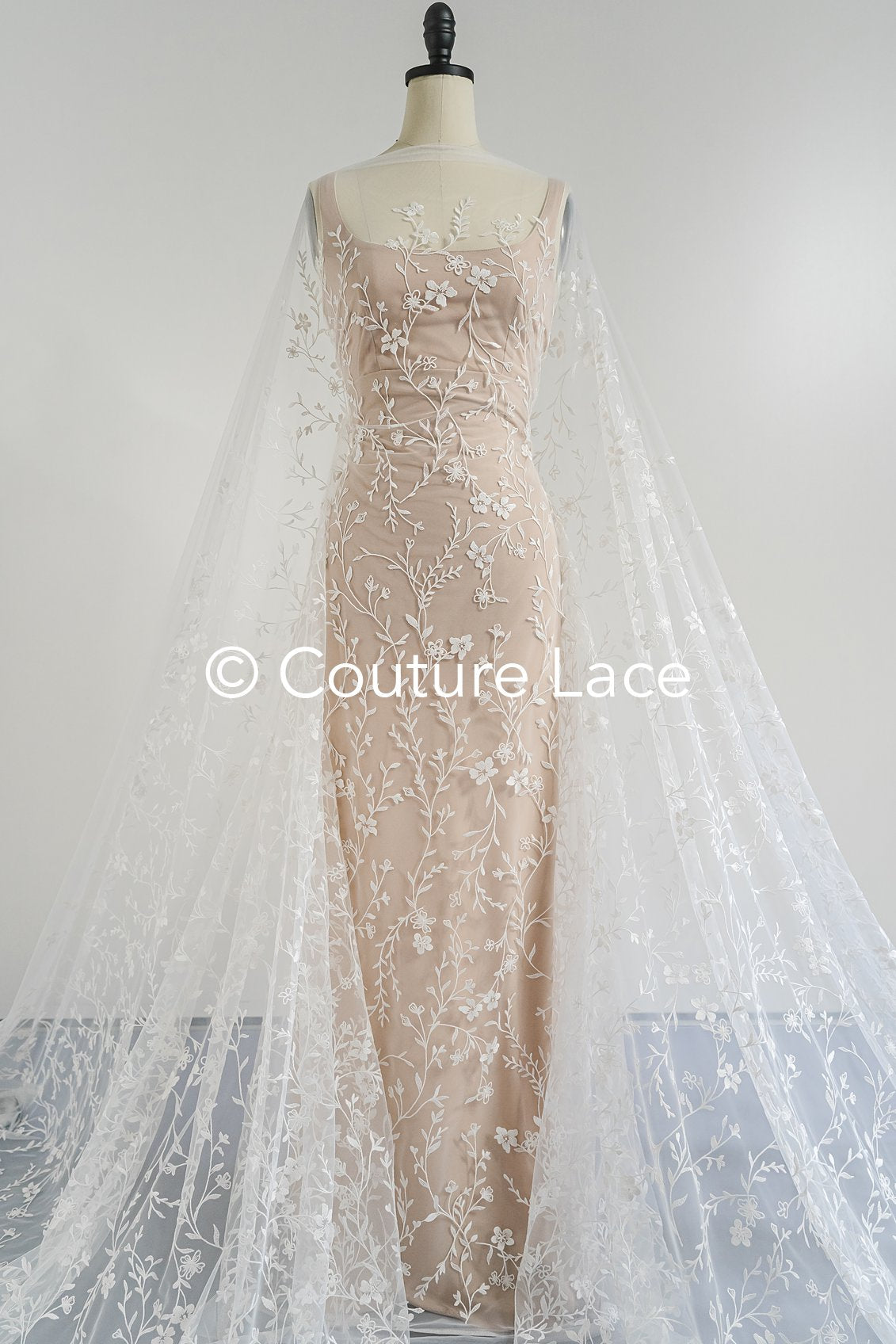High-quality lace fabric for wedding dresses, floral embroidered bridal lace fabric // L25-723