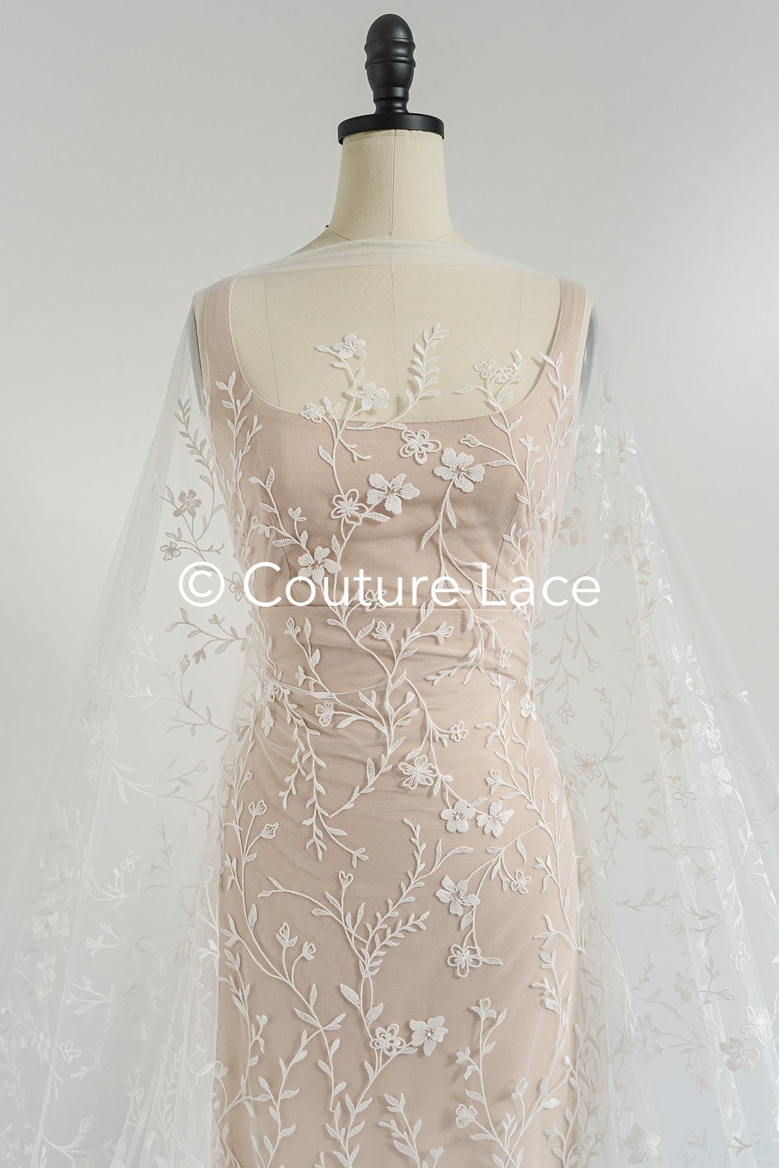 High-quality lace fabric for wedding dresses, floral embroidered bridal lace fabric // L25-723