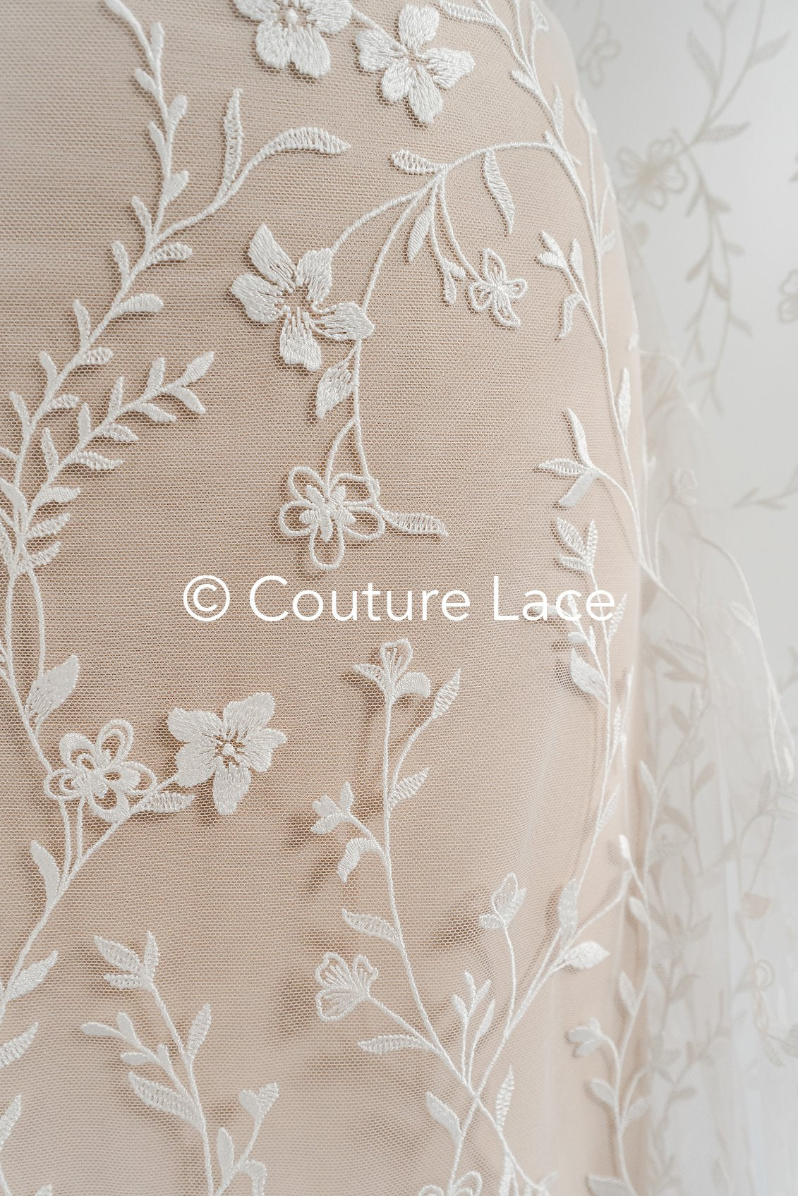 High-quality lace fabric for wedding dresses, floral embroidered bridal lace fabric // L25-723