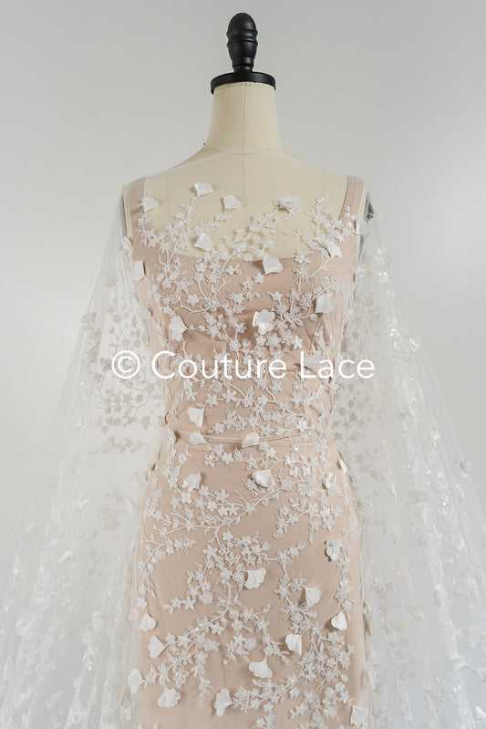 3D Blüten bestickte Brautspitze, Brautstoff mit Stickerei für Brautkleider // L25-737