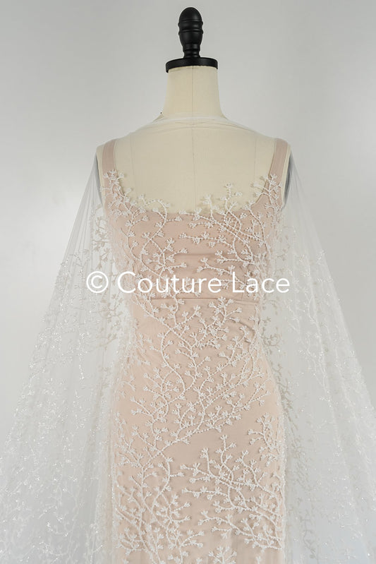 Perlen bestickte Brautspitze mit feinem Blättermuster, Brautstoff mit Stickerei für Brautkleider // L25-738