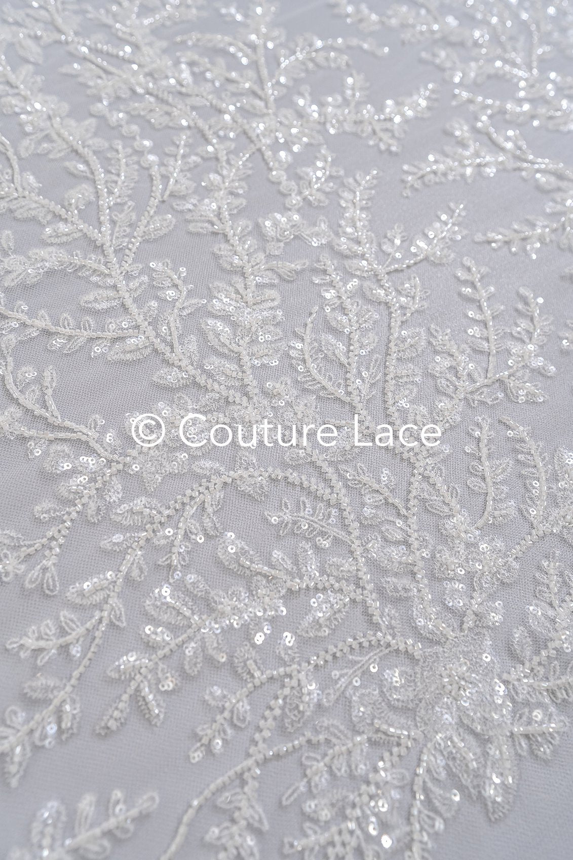 Beaded bridal lace with delicate leaf pattern, bridal fabric with beaded embroidery for wedding dresses // L25-739