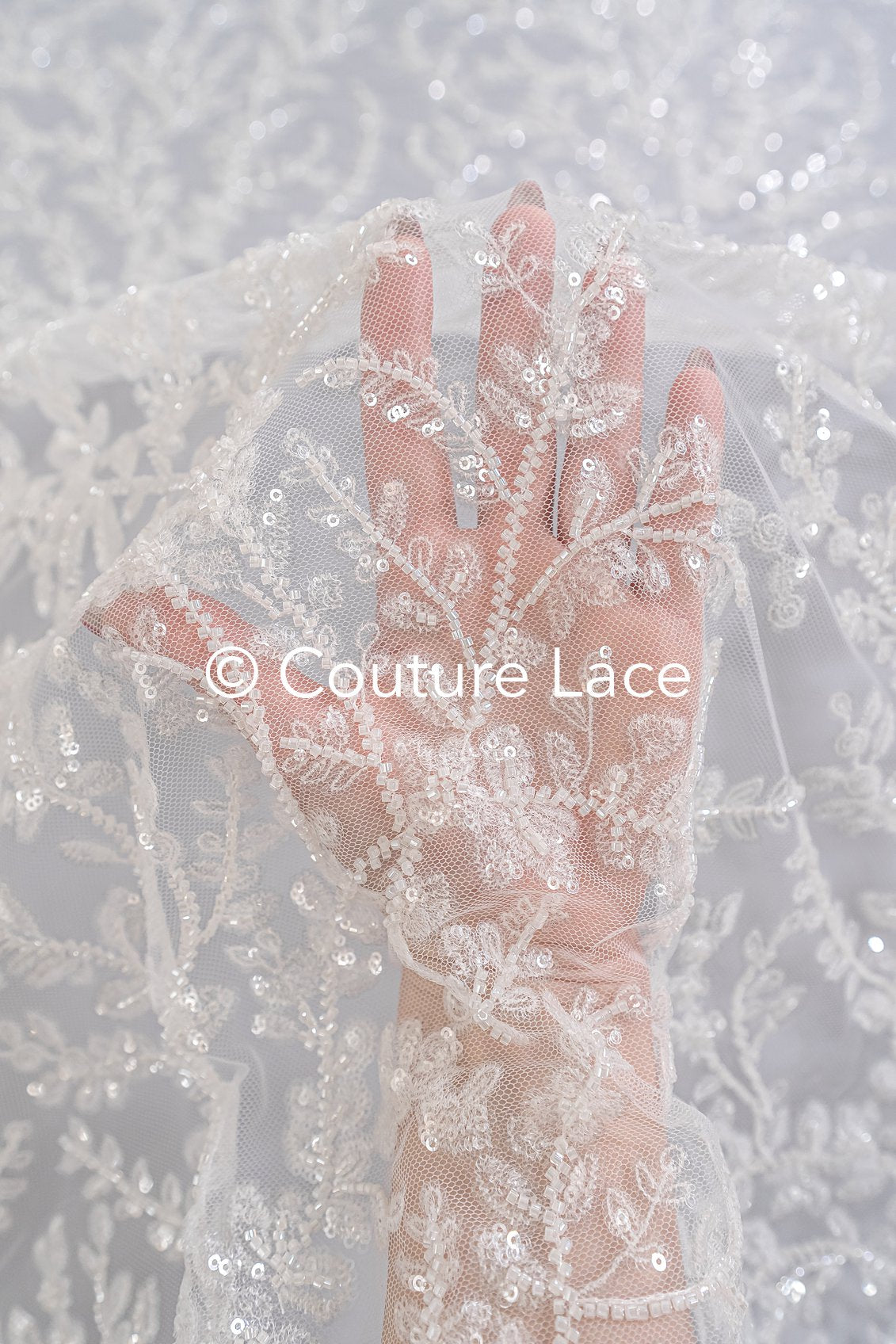 Beaded bridal lace with delicate leaf pattern, bridal fabric with beaded embroidery for wedding dresses // L25-739