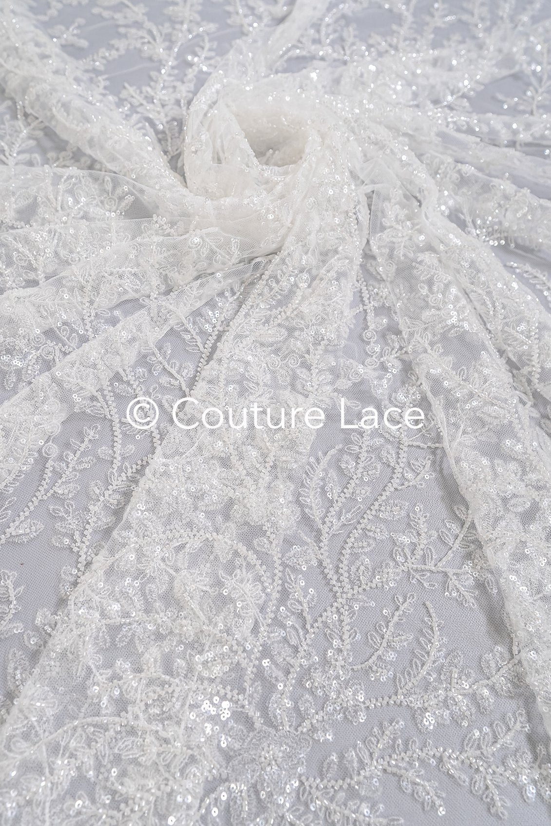 Beaded bridal lace with delicate leaf pattern, bridal fabric with beaded embroidery for wedding dresses // L25-739