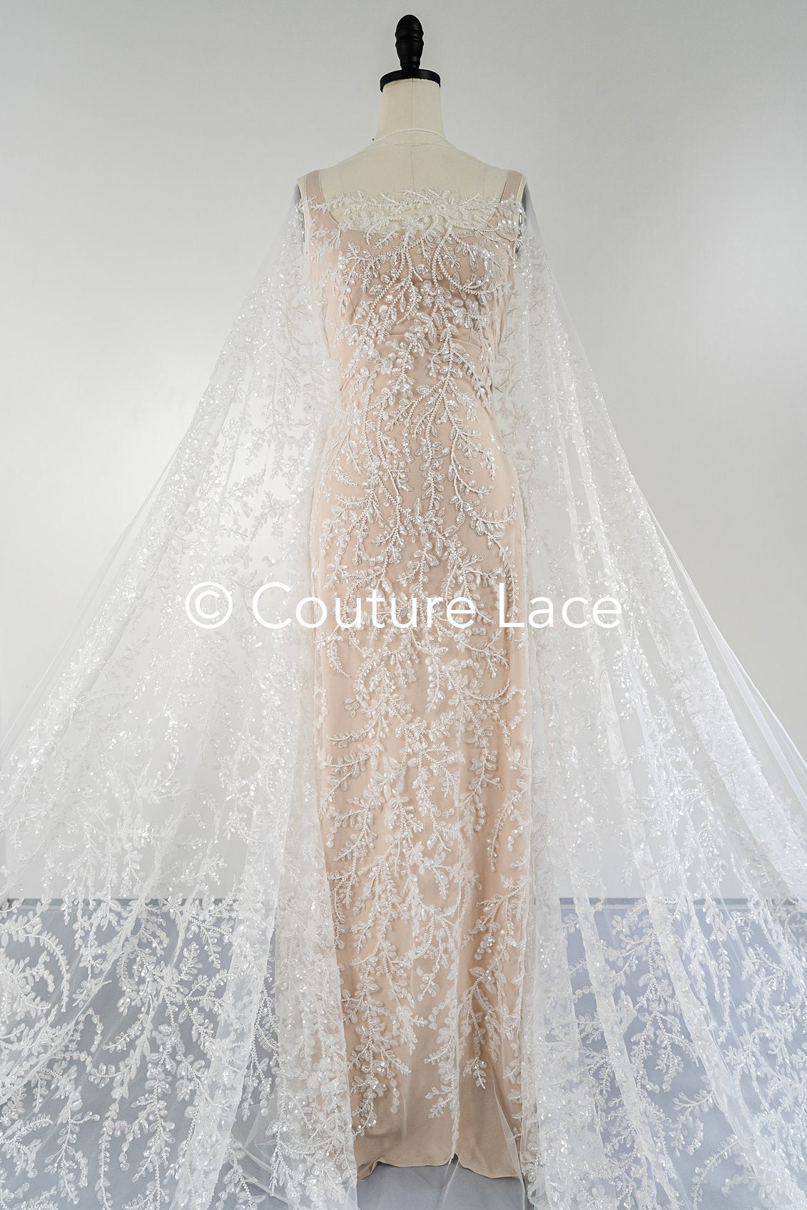 Beaded bridal lace with delicate leaf pattern, bridal fabric with beaded embroidery for wedding dresses // L25-739