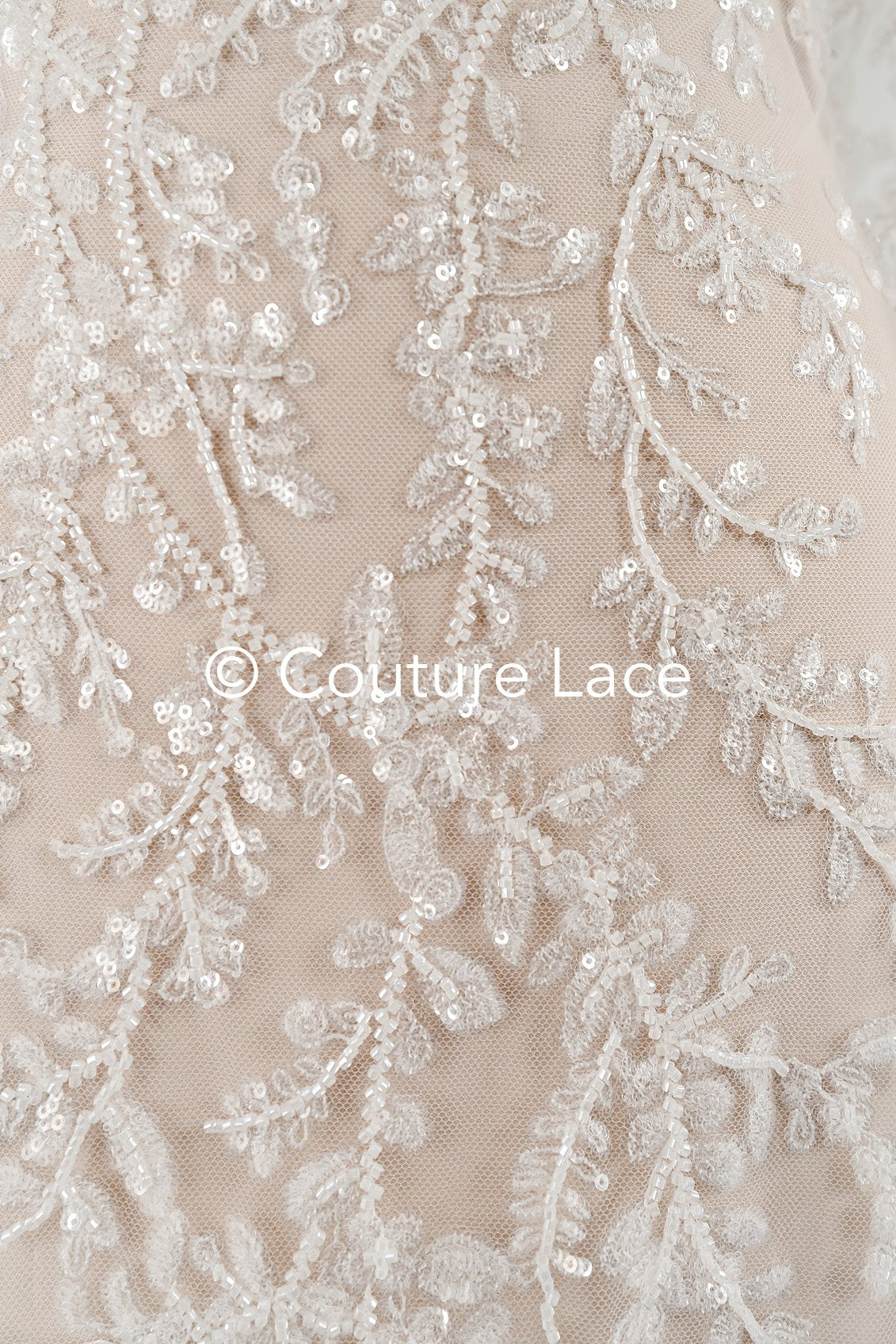 Beaded bridal lace with delicate leaf pattern, bridal fabric with beaded embroidery for wedding dresses // L25-739