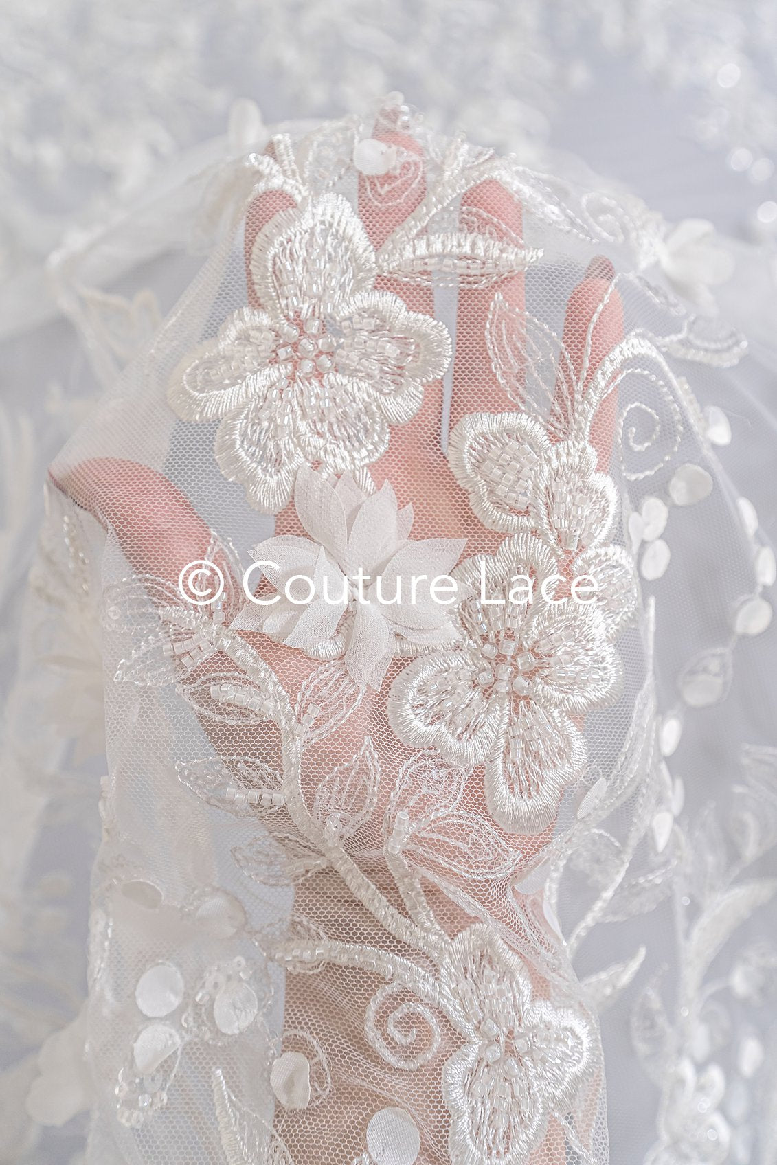 Beaded bridal lace with floral pattern and 3D flowers/ Bridal fabric with bead embroidery for wedding dresses // L25-740