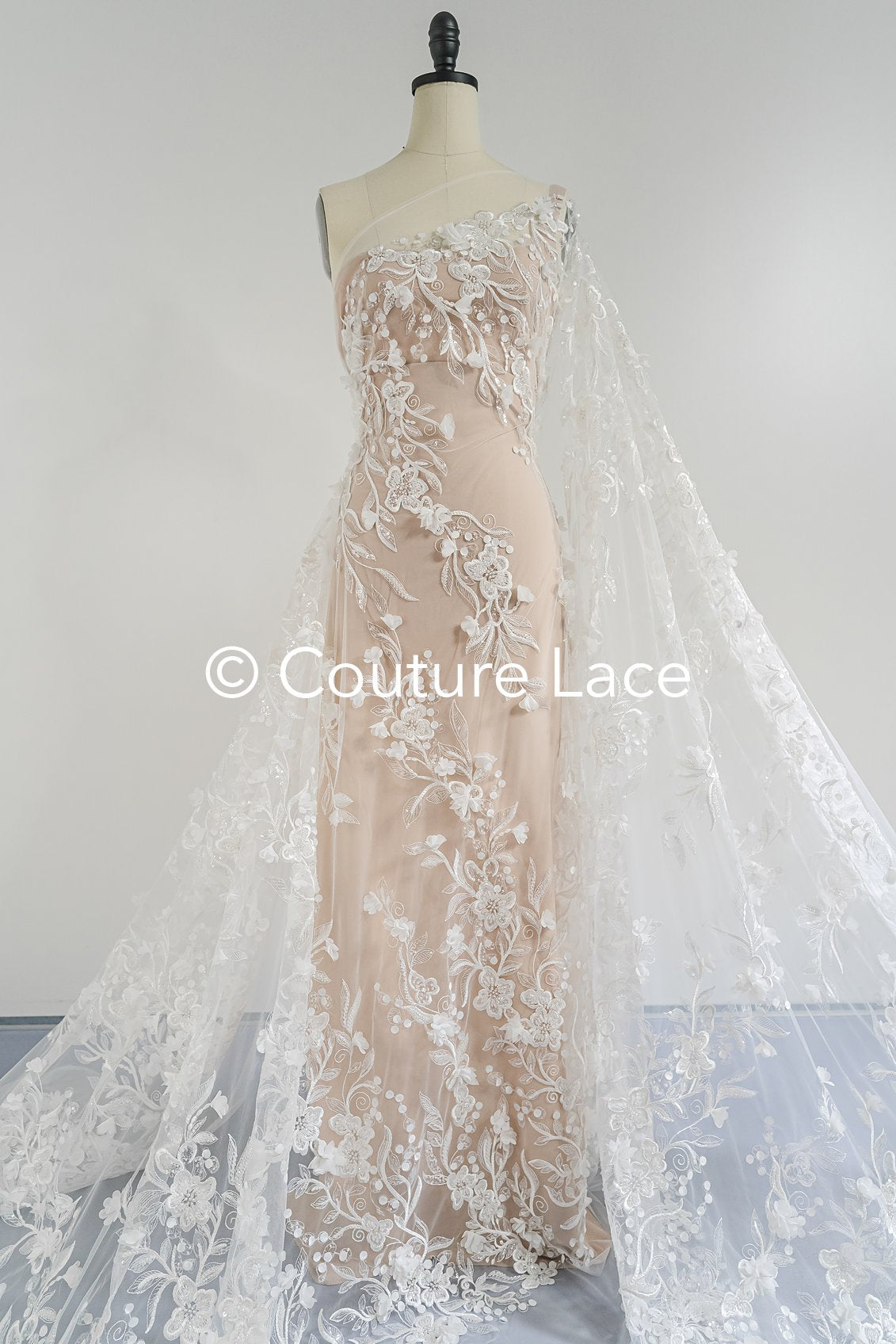 Beaded bridal lace with floral pattern and 3D flowers/ Bridal fabric with bead embroidery for wedding dresses // L25-740
