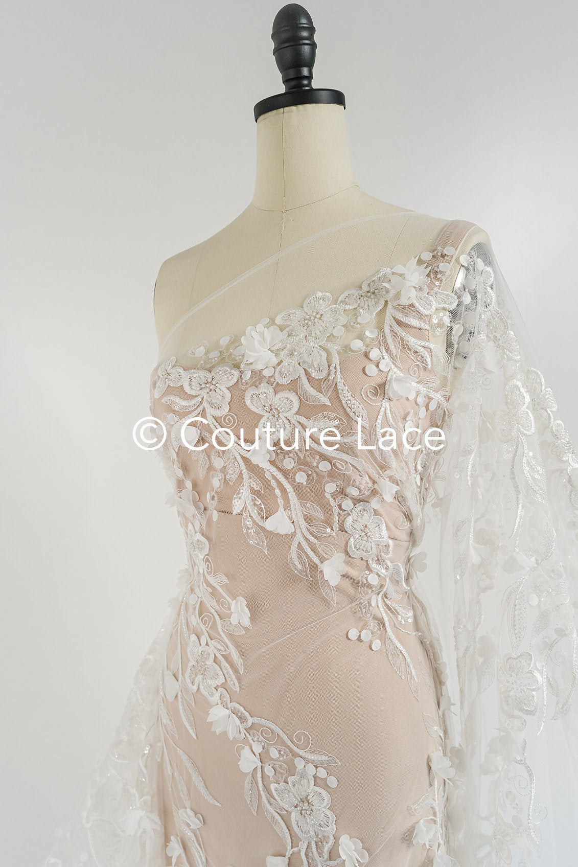 Beaded bridal lace with floral pattern and 3D flowers/ Bridal fabric with bead embroidery for wedding dresses // L25-740