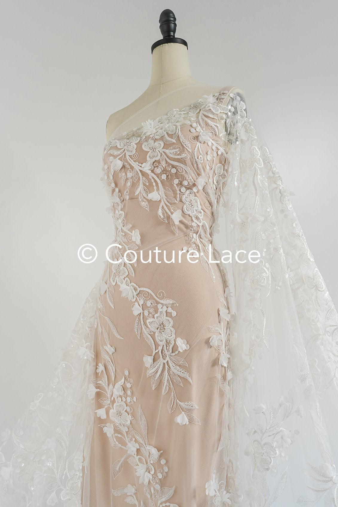 Beaded bridal lace with floral pattern and 3D flowers/ Bridal fabric with bead embroidery for wedding dresses // L25-740