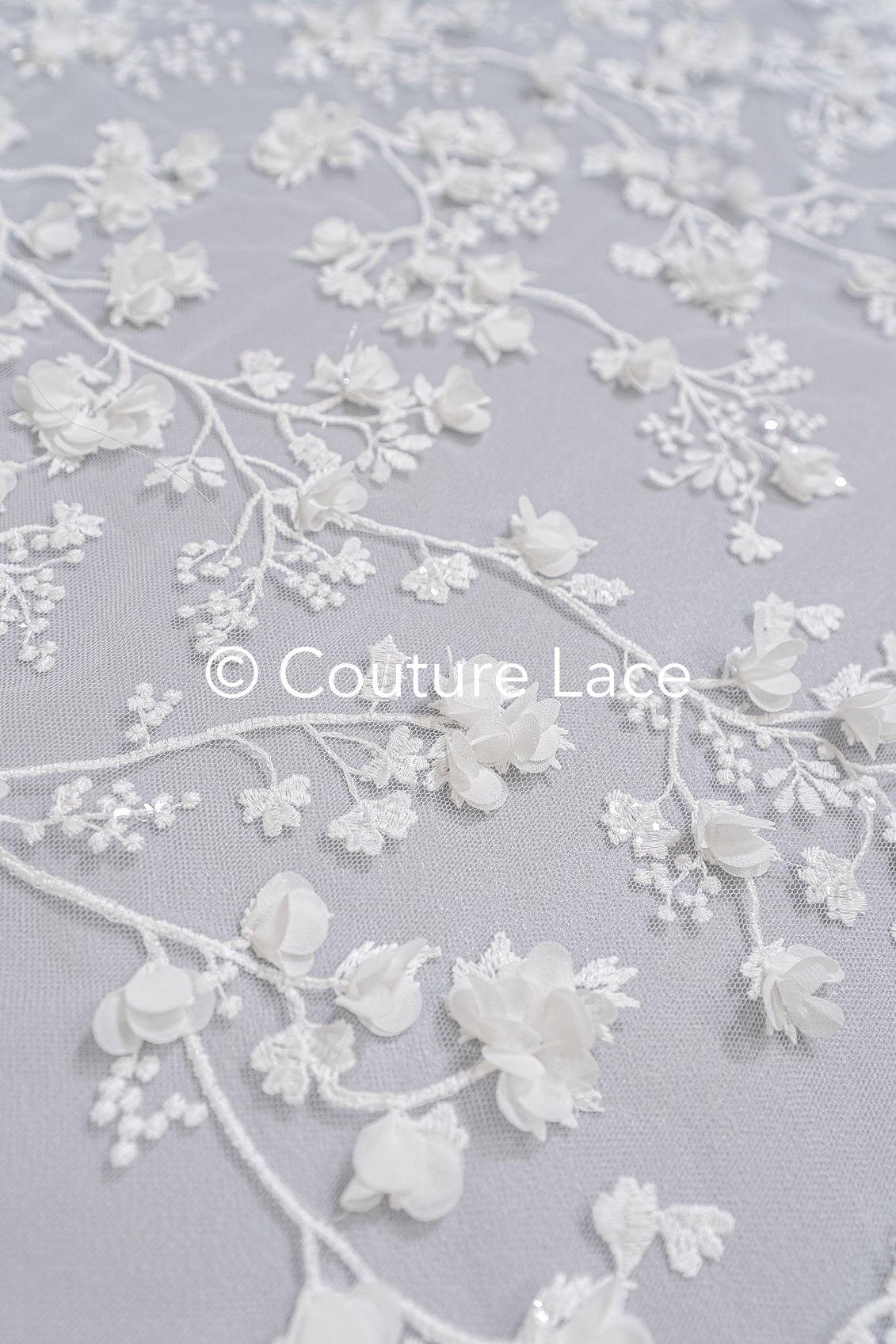 3D flower embroidered bridal lace, bridal fabric with embroidery for wedding dresses with small flowers // L25-741