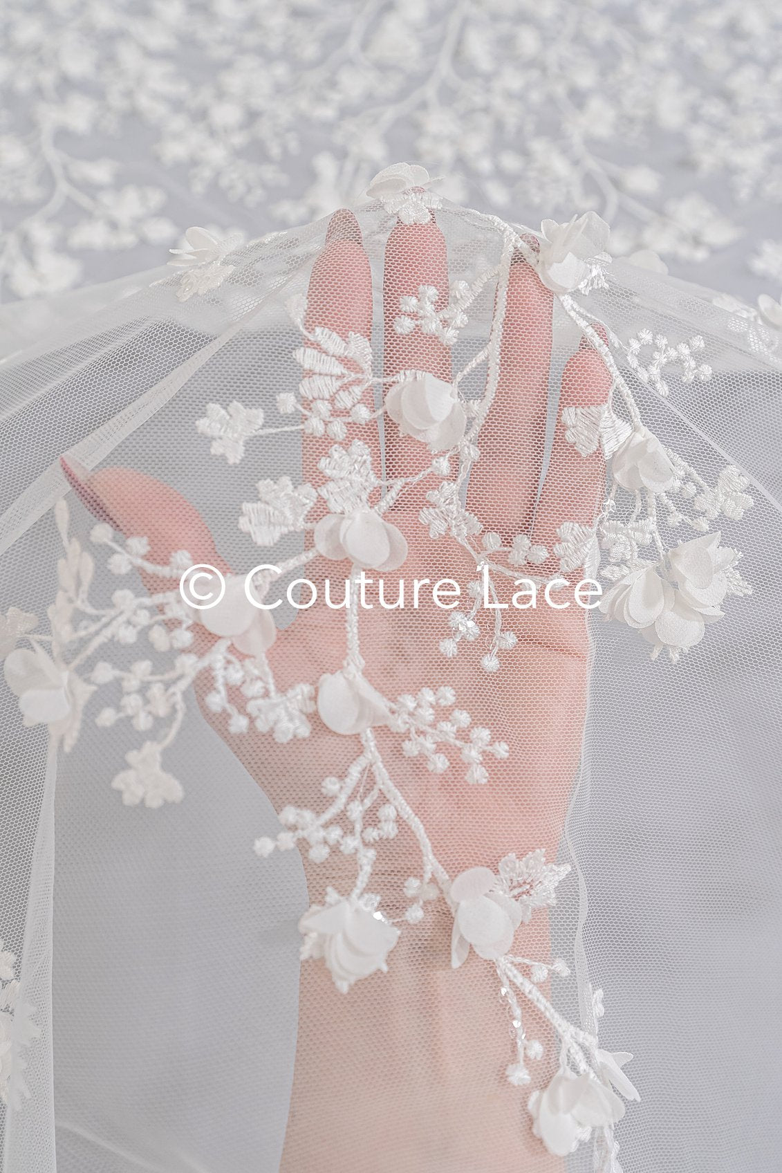 3D flower embroidered bridal lace, bridal fabric with embroidery for wedding dresses with small flowers // L25-741