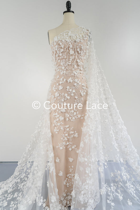 3D Blüten bestickte Brautspitze, Brautstoff mit Stickerei für Brautkleider mit kleinen Blumen // L25-741