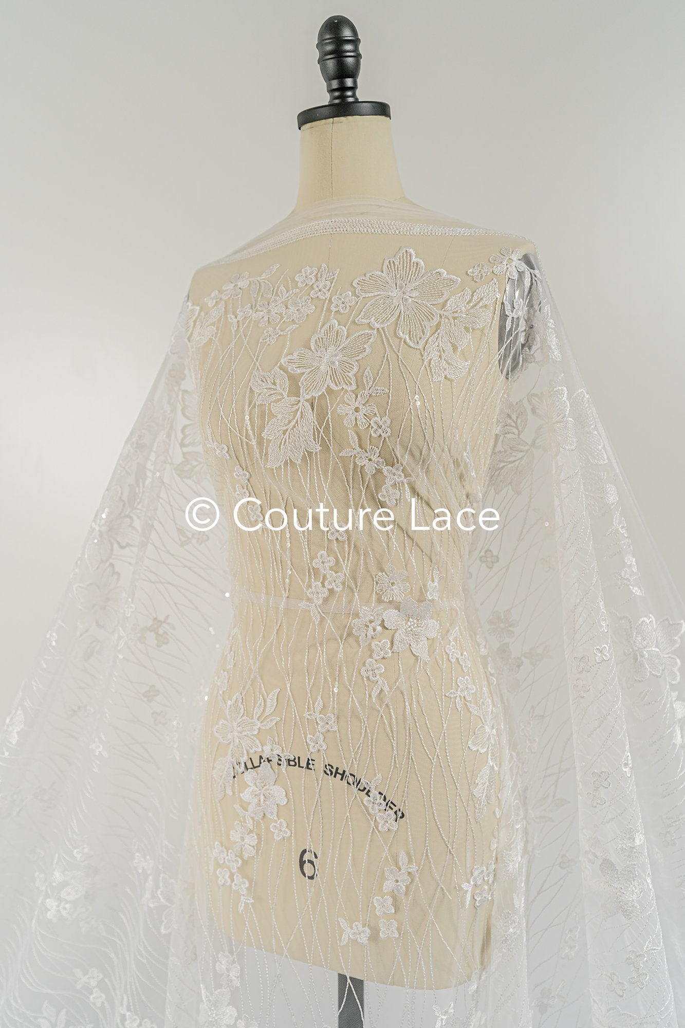 Soft bridal lace fabric with sequins and floral pattern, floral bridal lace // L25-770