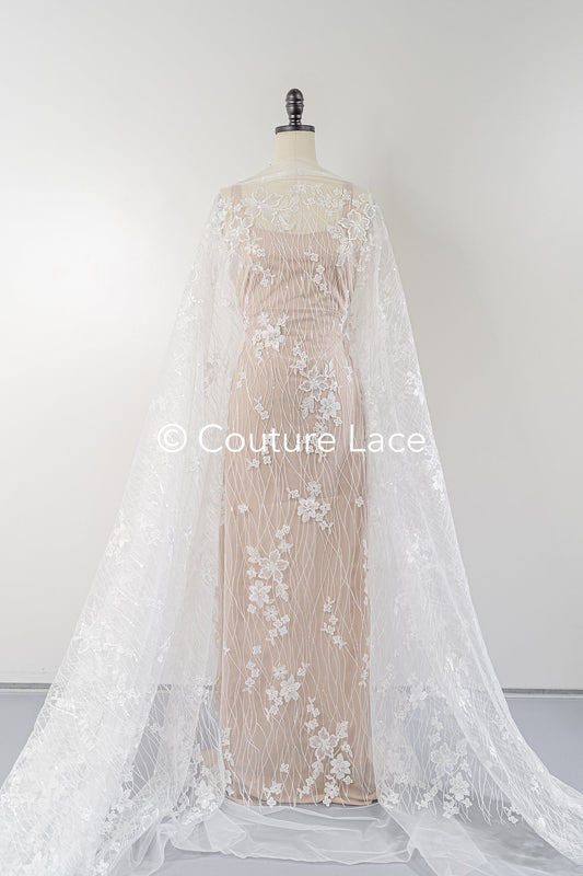 Weicher Braut Spitzenstoff mit Pailletten und Blumenmuster, Florale Brautspitze// L25-770