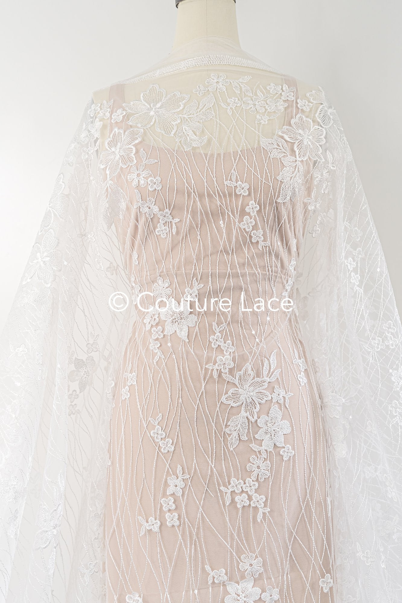Soft bridal lace fabric with sequins and floral pattern, floral bridal lace // L25-770