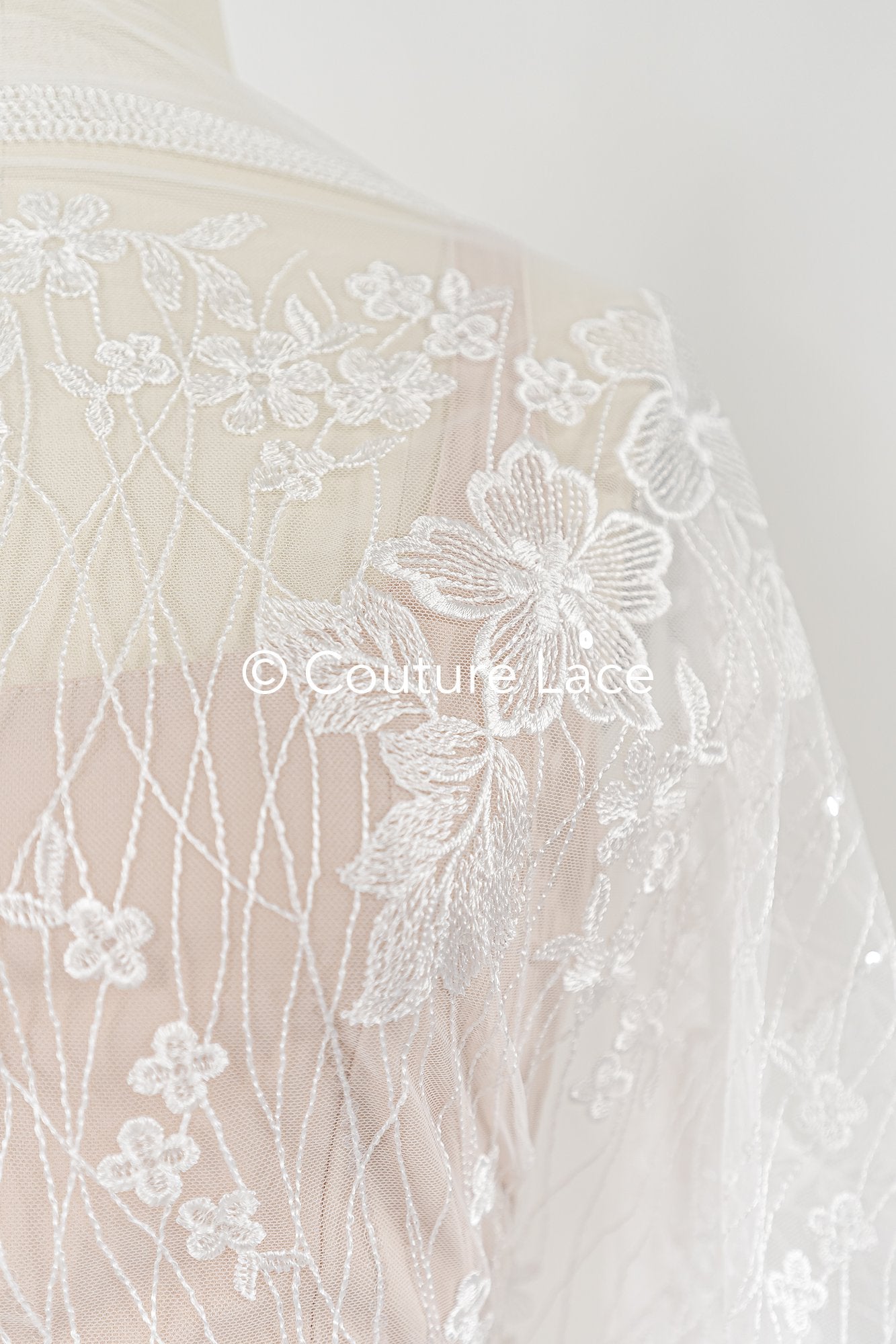 Soft bridal lace fabric with sequins and floral pattern, floral bridal lace // L25-770