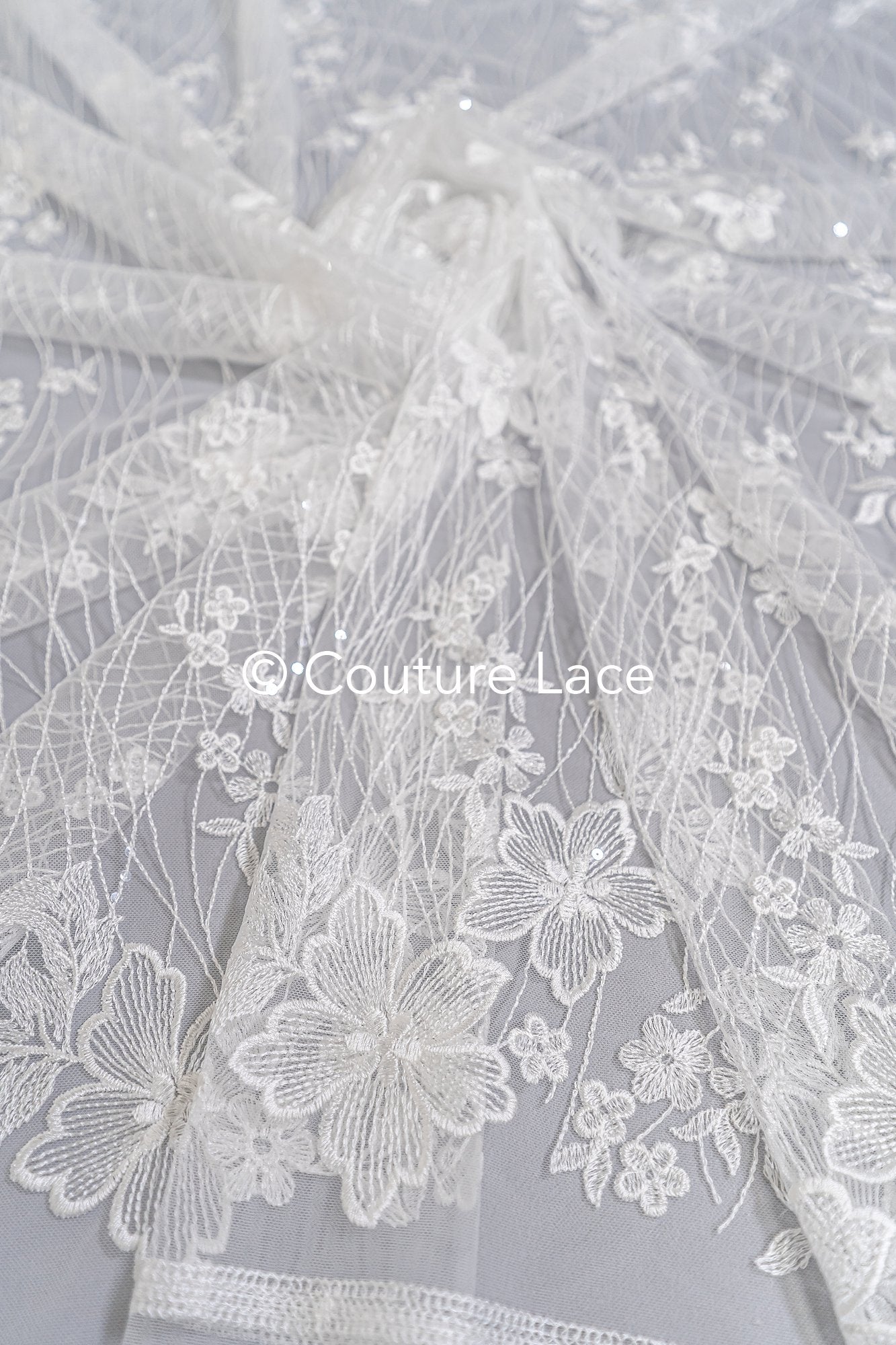 Soft bridal lace fabric with sequins and floral pattern, floral bridal lace // L25-770