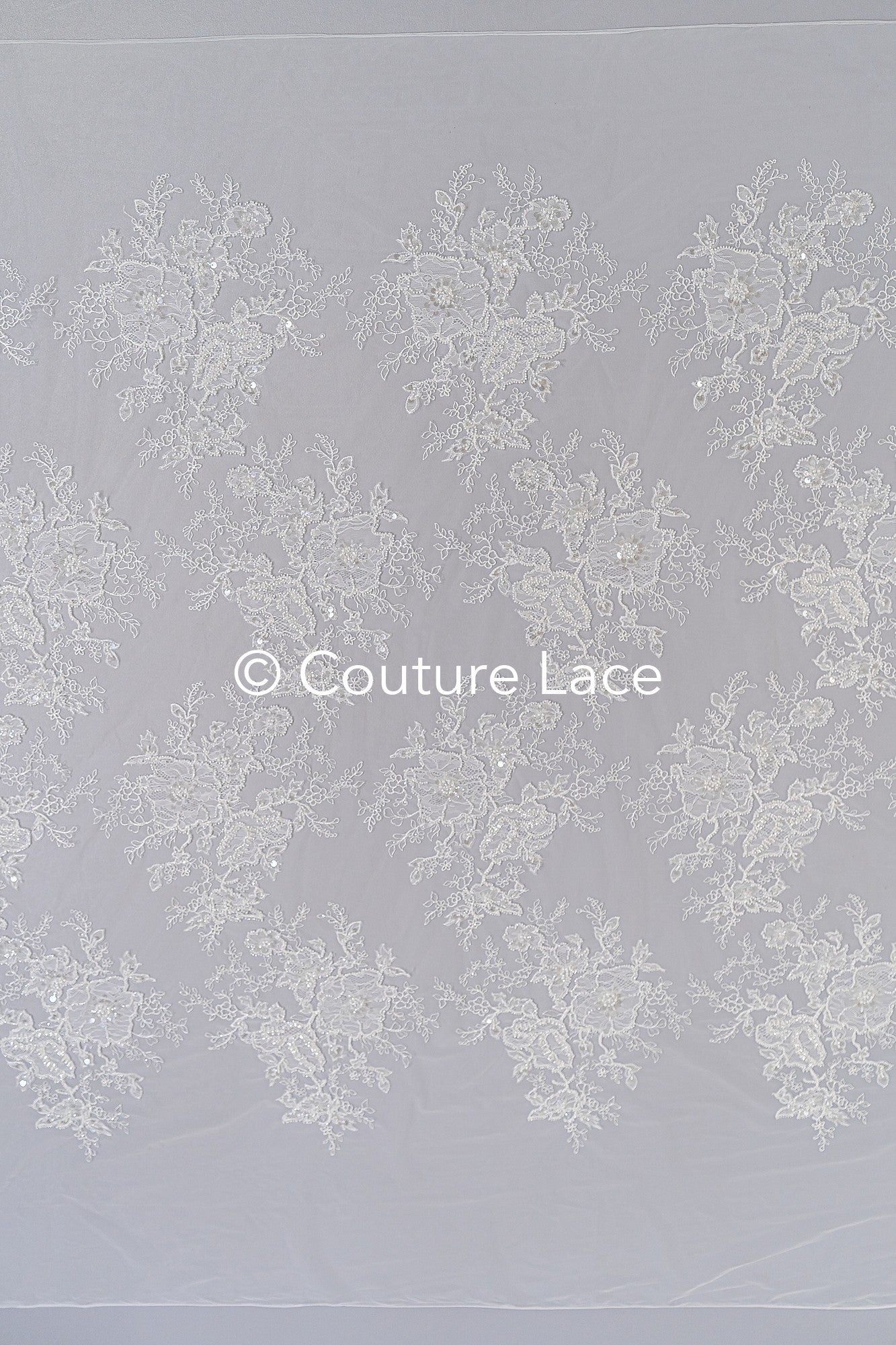 Floral lace embroidery with pearls, shiny floral bridal lace // L25-791