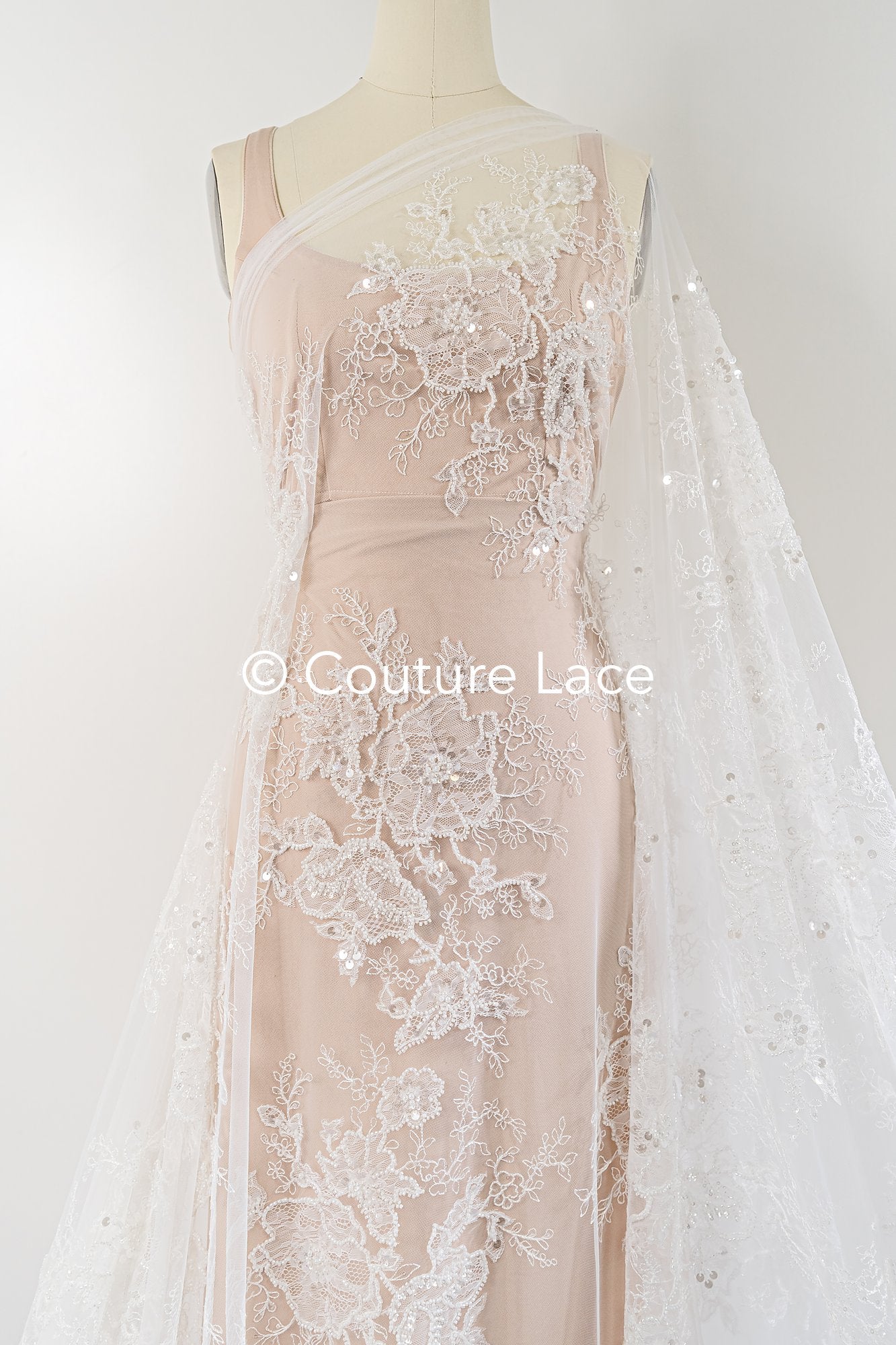 Floral lace embroidery with pearls, shiny floral bridal lace // L25-791