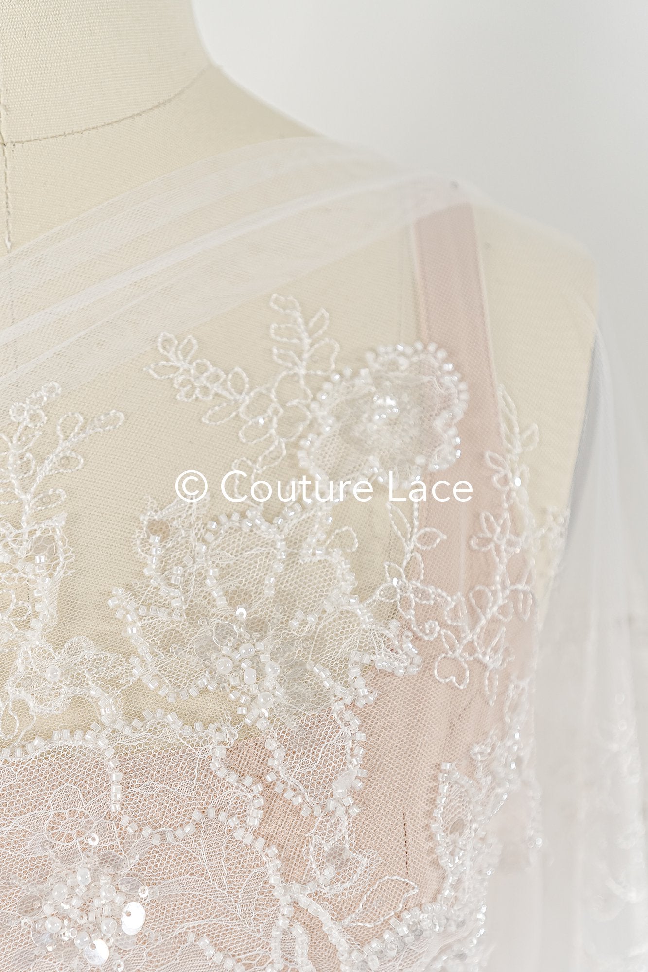 Floral lace embroidery with pearls, shiny floral bridal lace // L25-791