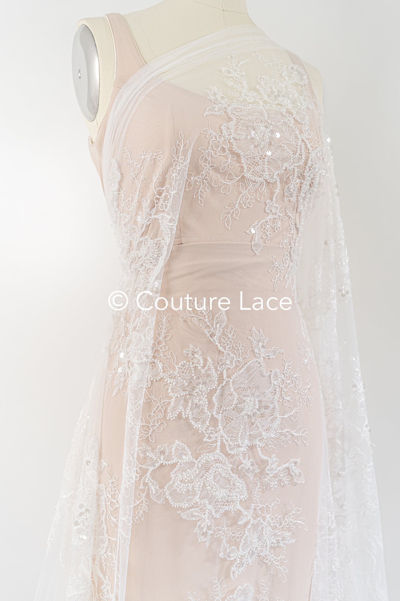 Floral lace embroidery with pearls, shiny floral bridal lace // L25-791