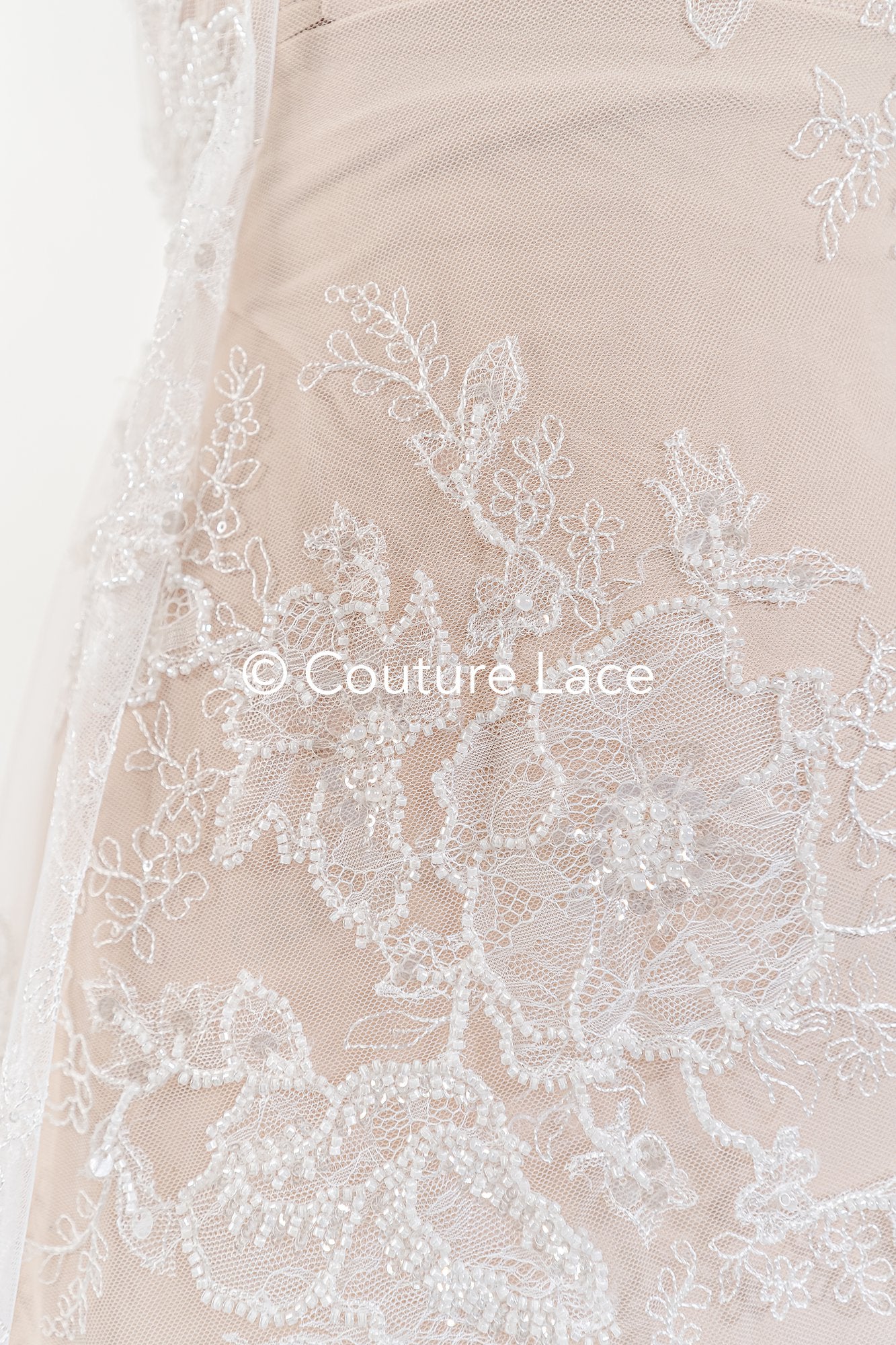 Floral lace embroidery with pearls, shiny floral bridal lace // L25-791