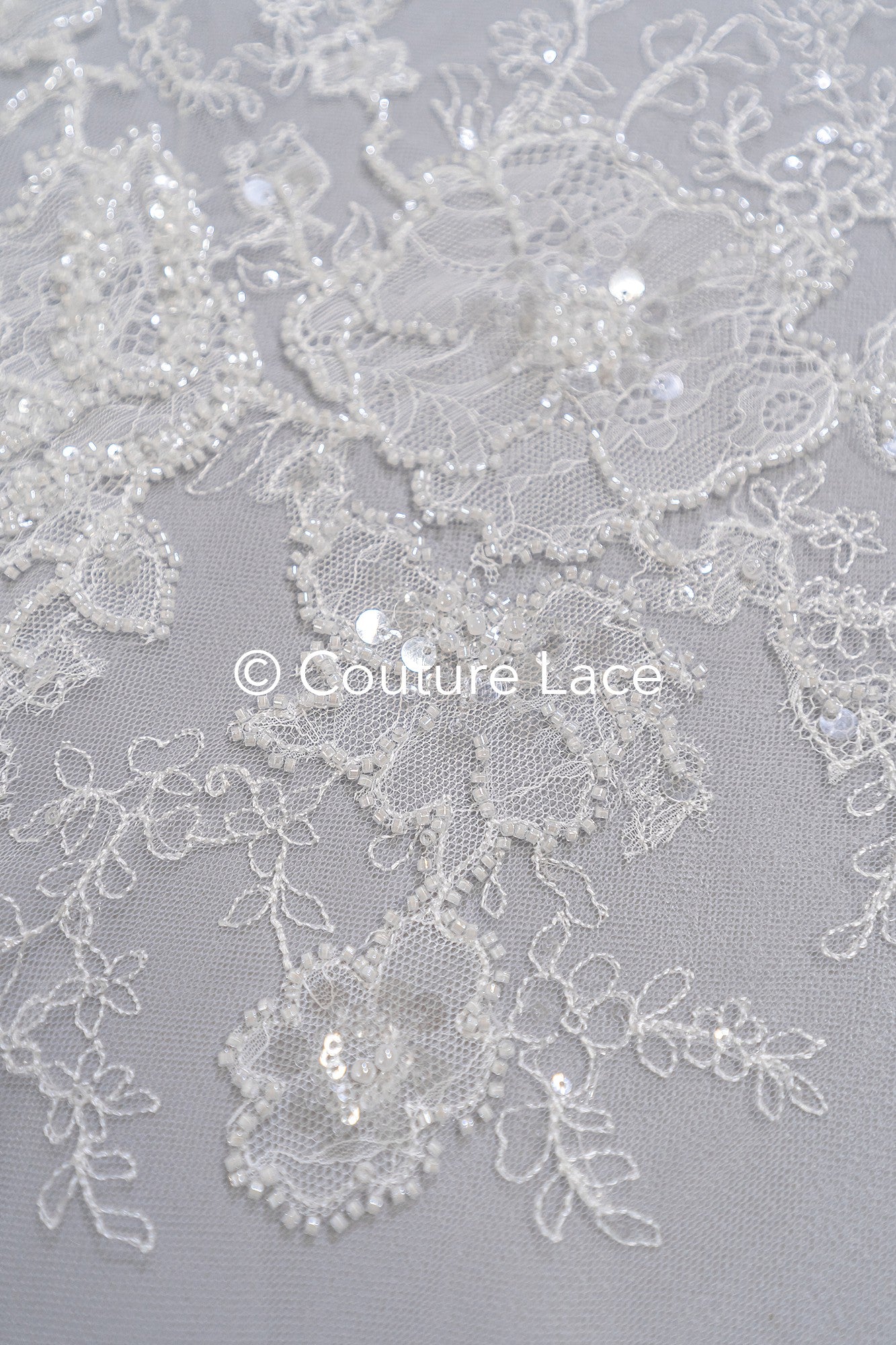 Floral lace embroidery with pearls, shiny floral bridal lace // L25-791