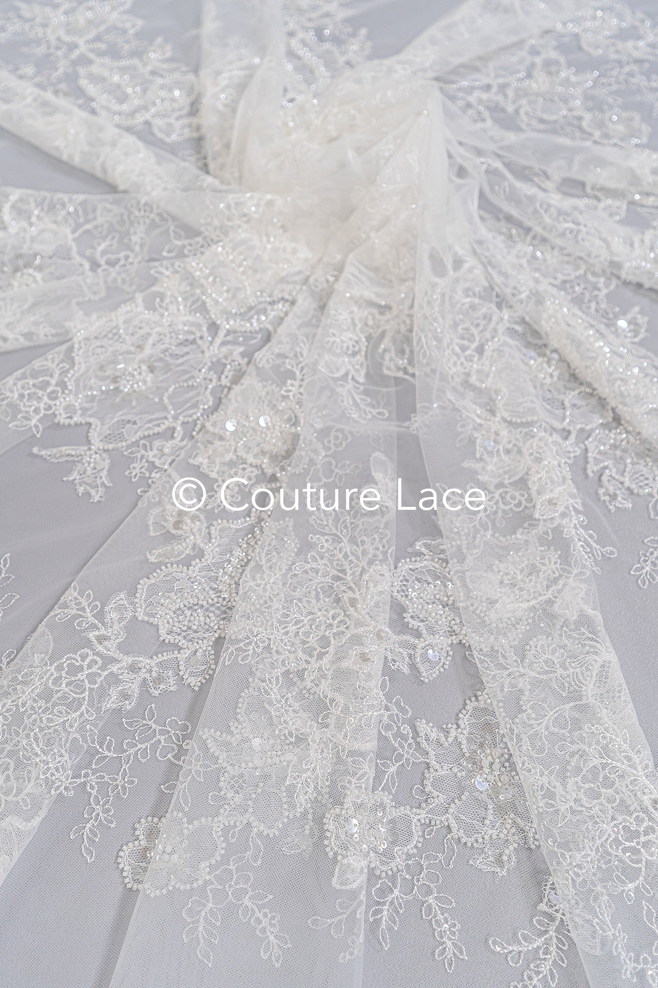 Floral lace embroidery with pearls, shiny floral bridal lace // L25-791