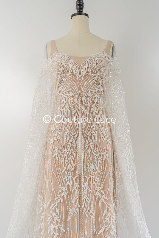 Florale Perlen-Spitze für Brautkleider, Luxus Brautspitze mit feinen 3D Blüten // L25-793