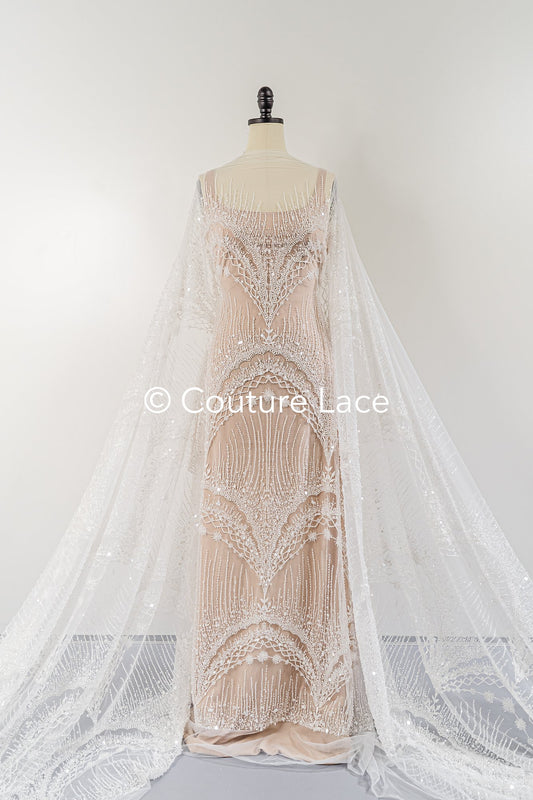 Abstrakte Pailletten- und Perlenspitze, Luxuriöse Perlen- und Paillettenstickerei // L25-832