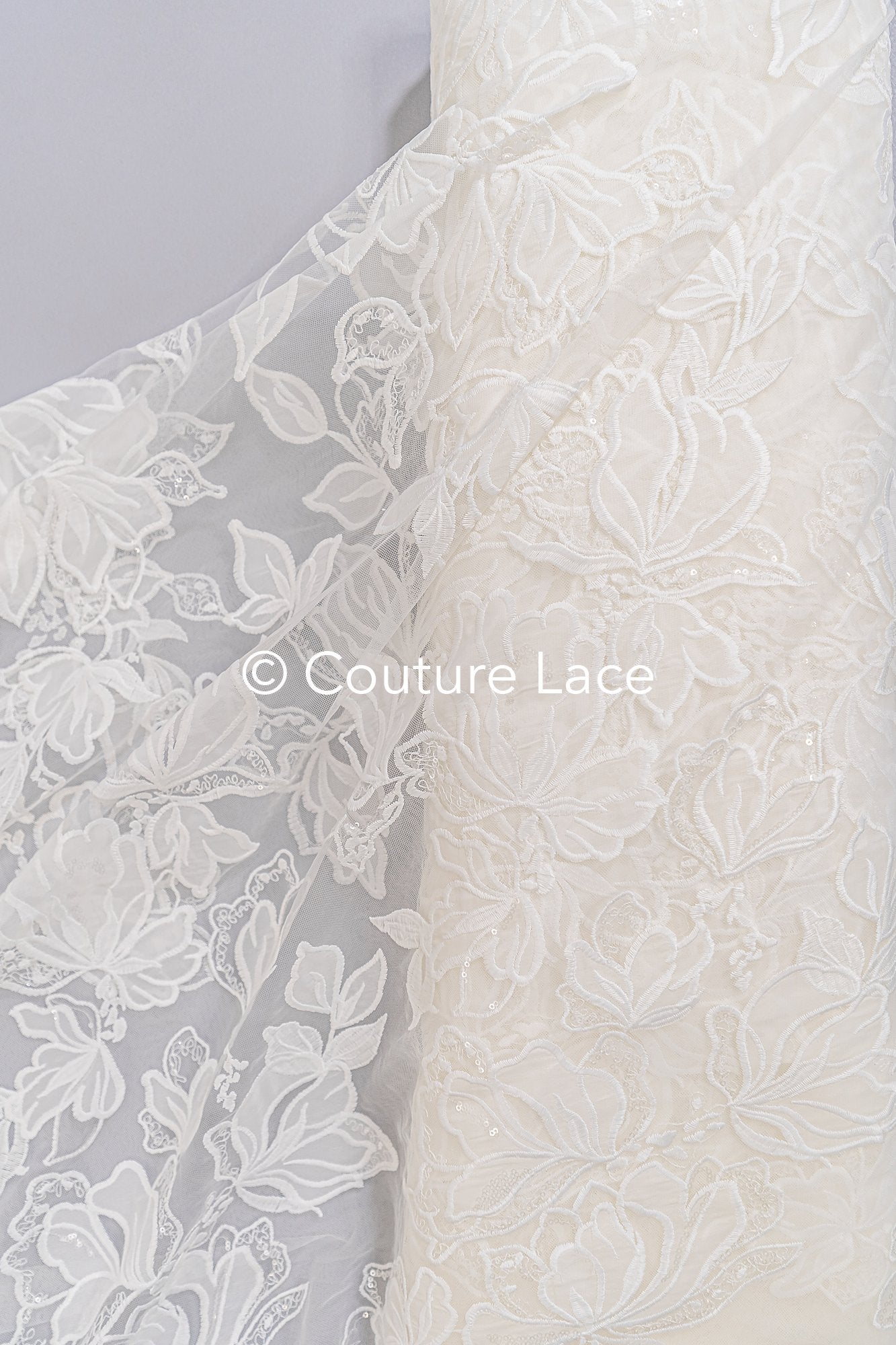 Floral embroidered bridal lace fabric, high-quality lace fabric for wedding dresses // L25-834