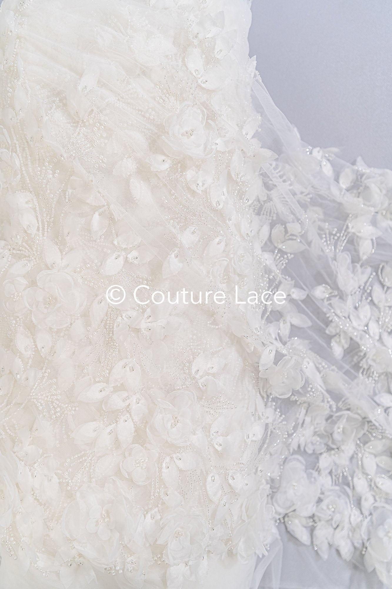 Embroidered floral lace for wedding dresses, luxury bridal lace with 3D flowers // L25-844