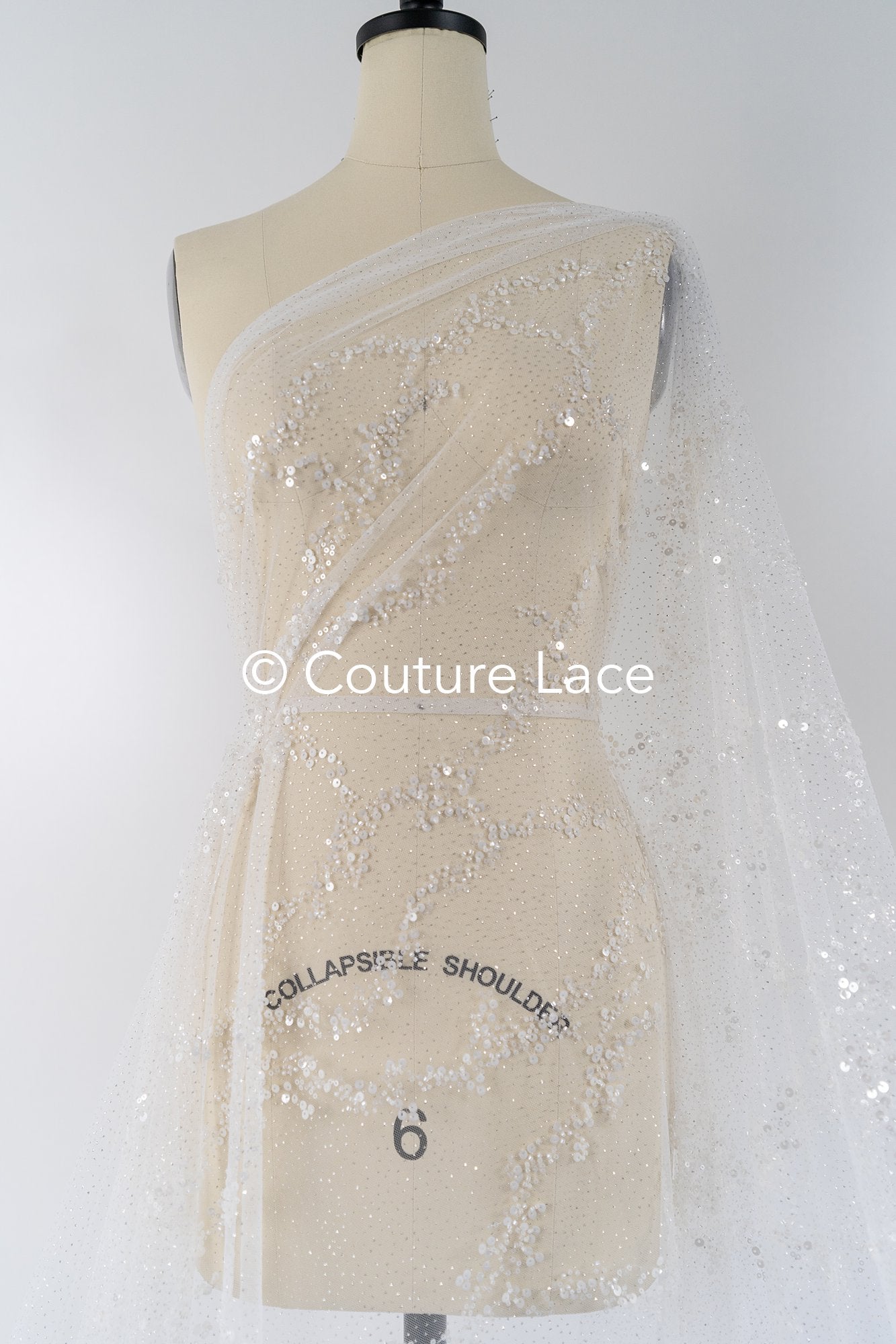 Beaded bridal lace on glitter tulle / Bridal fabric with embroidery / Beaded lace on glitter tulle // L25-838